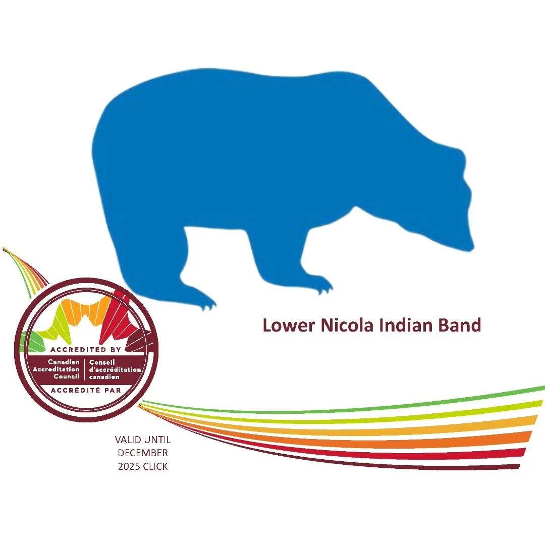 Blue silhouette of a bear with the text 'Lower Nicola Indian Band' below it. A circular logo with colorful rainbow stripes and text indicating accreditation by the Canadian Accreditation Council, with a validity until December 2025.