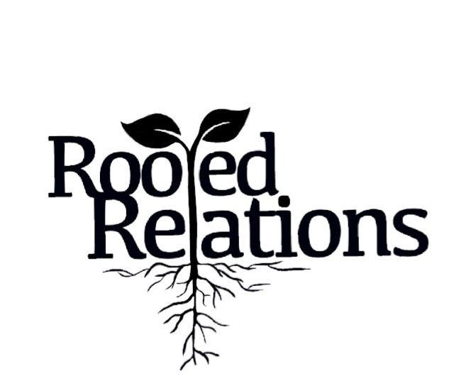 Logo with the words 'Rooted Relations' and a tree with roots extending downward and leaves at the top.