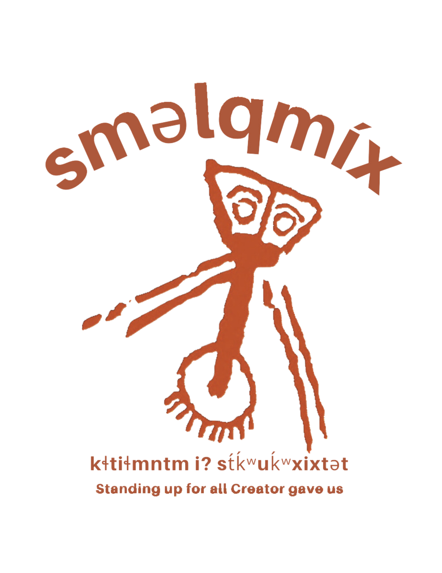 First Nations Indigenous art illustration logo of a figure with large circular eyes, a triangular nose, and a wide, smiling mouth, along with the word 'smelqmix' written above and text at the bottom that reads 'standing up for creators everywhere'.