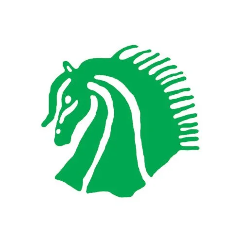 Green stylized horse logo with a mane and head facing downward.