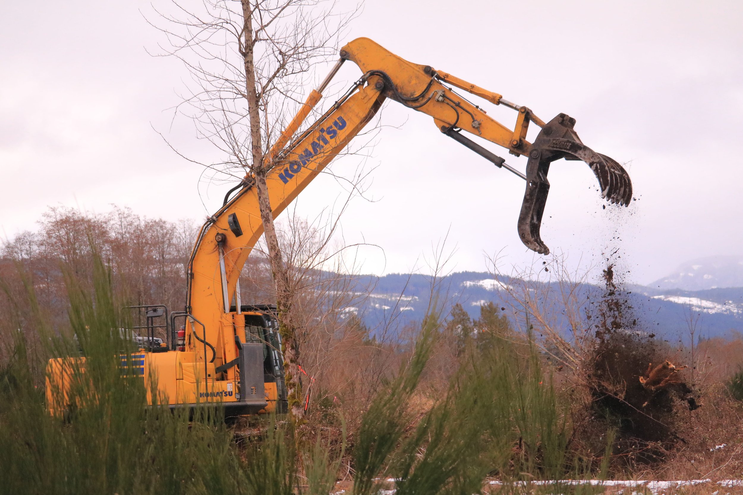 A yellow excavator with the word 'Komatsu' on the arm, digging into the ground, with dirt and roots falling from the claw amid a natural landscape with trees, mountains, and a cloudy sky.