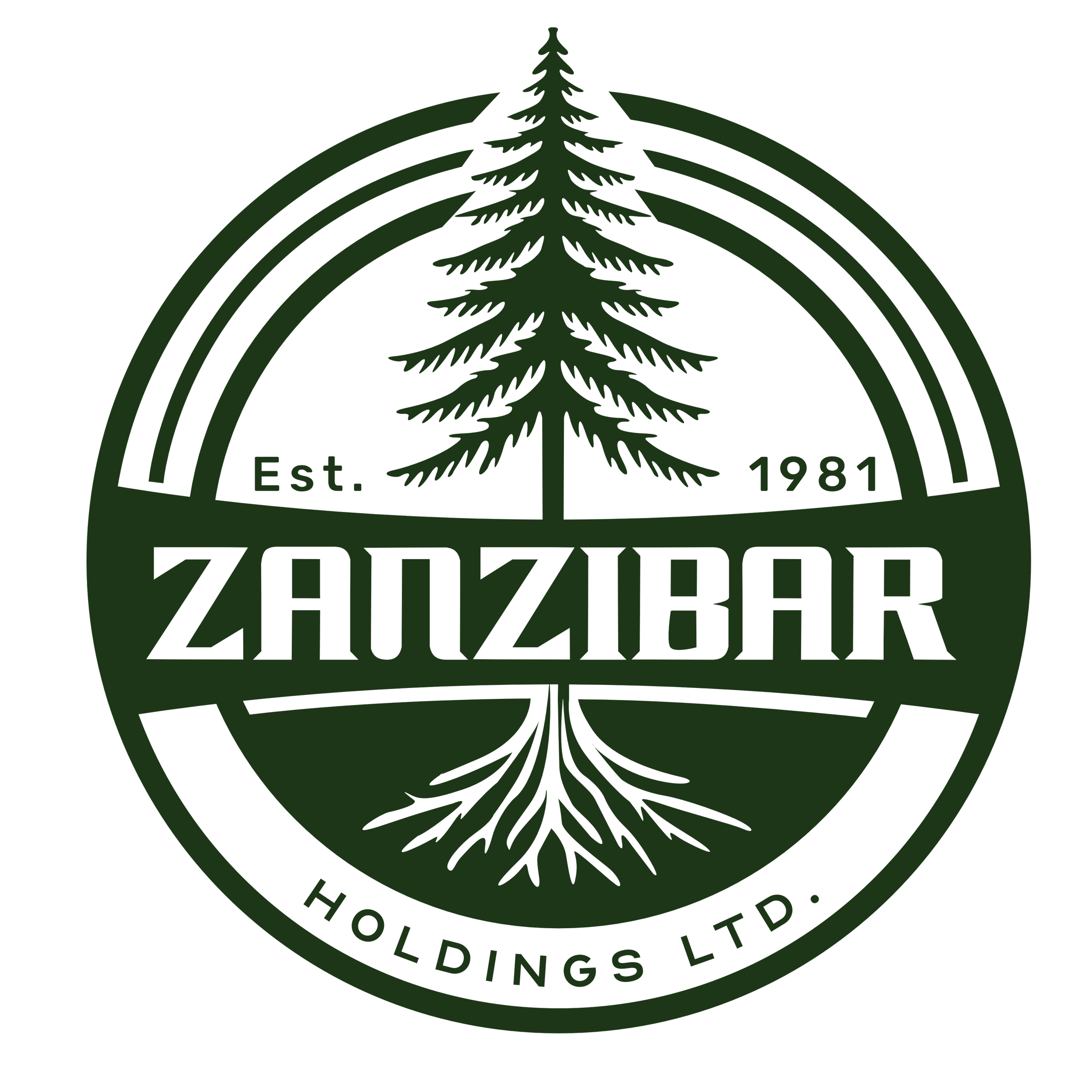 Green circular logo with a pine tree silhouette in the center, the words 'ZANZIBAR HOLDINGS LTD.' and establishment year 1981, along with decorative tree roots.