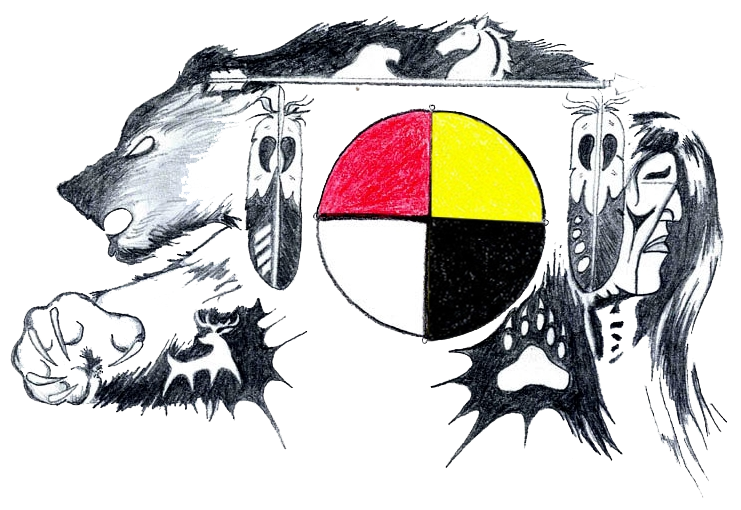 Illustration of a lion, a panther, indigenous faces with markings and jewelry, and a divided circle with Red, Yellow, White, and Black sections.