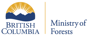 Logo of British Columbia Ministry of Forests featuring a sun rising over mountains.