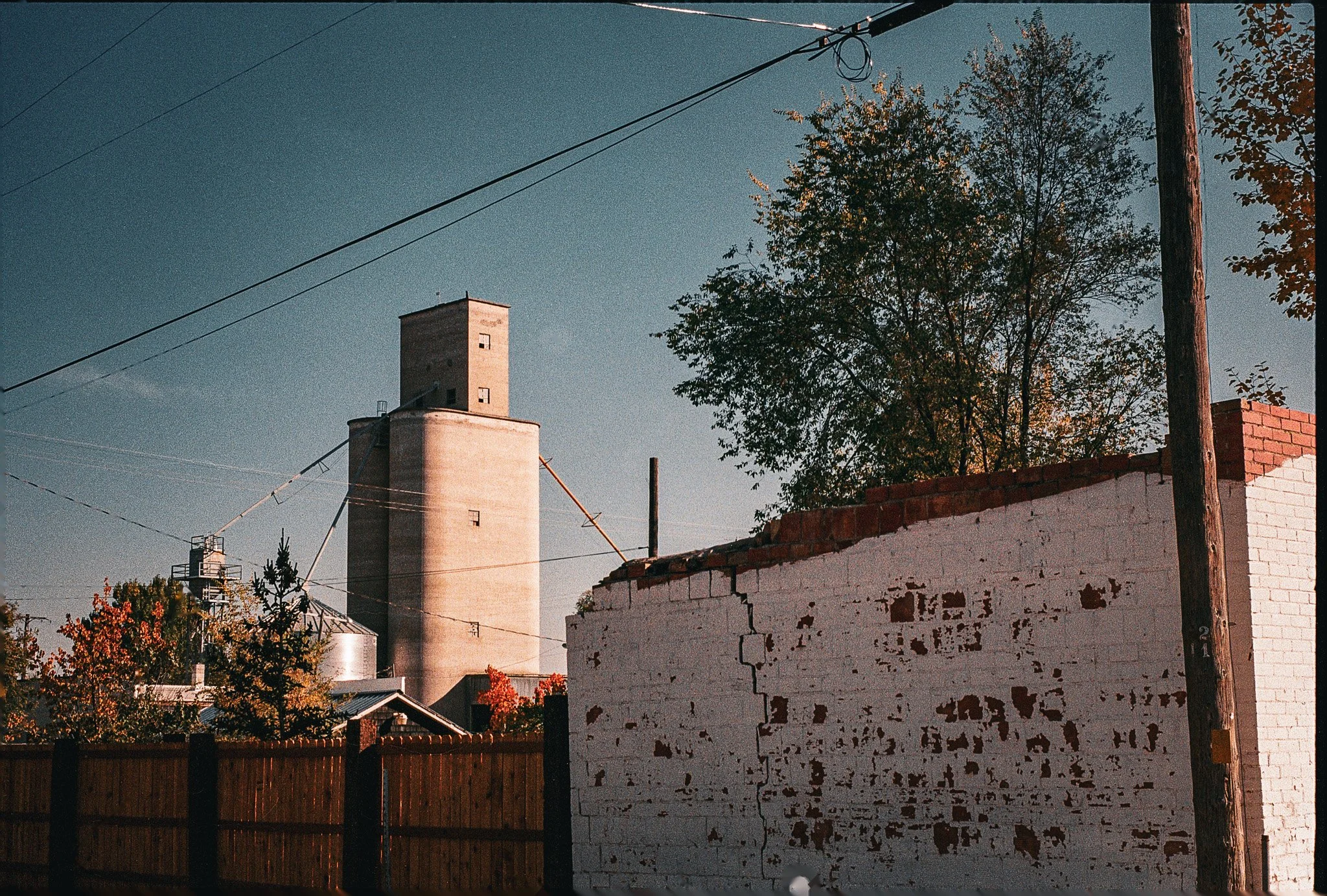 An industrial area with a tall concrete grain silo, a white brick wall with peeling paint, wooden fence, power pole, and a large tree against a clear sky.