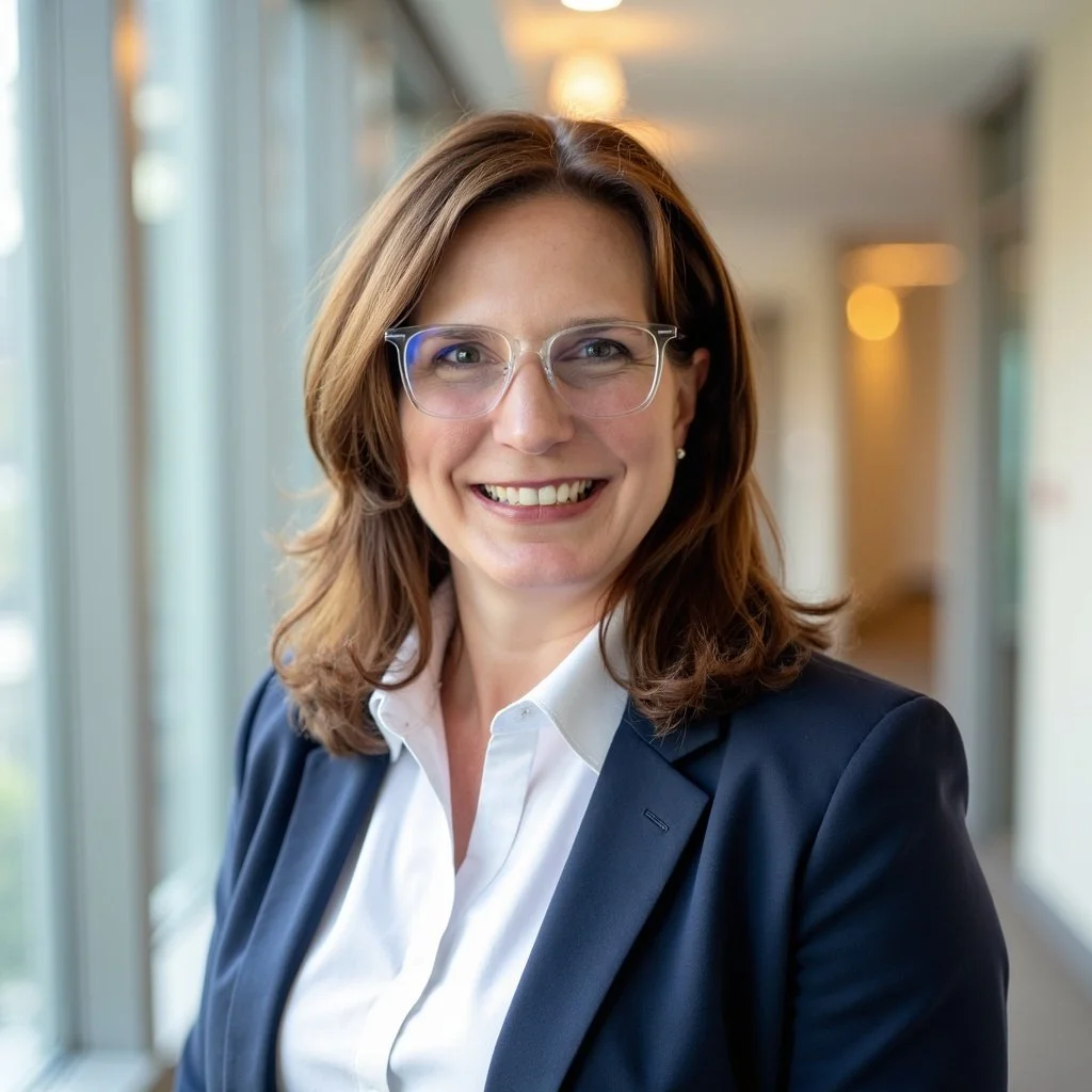 A female therapist with shoulder-length brown hair, wearing glasses, a navy blazer, and a white blouse, smiling inside a modern office building with large windows and warm lighting.