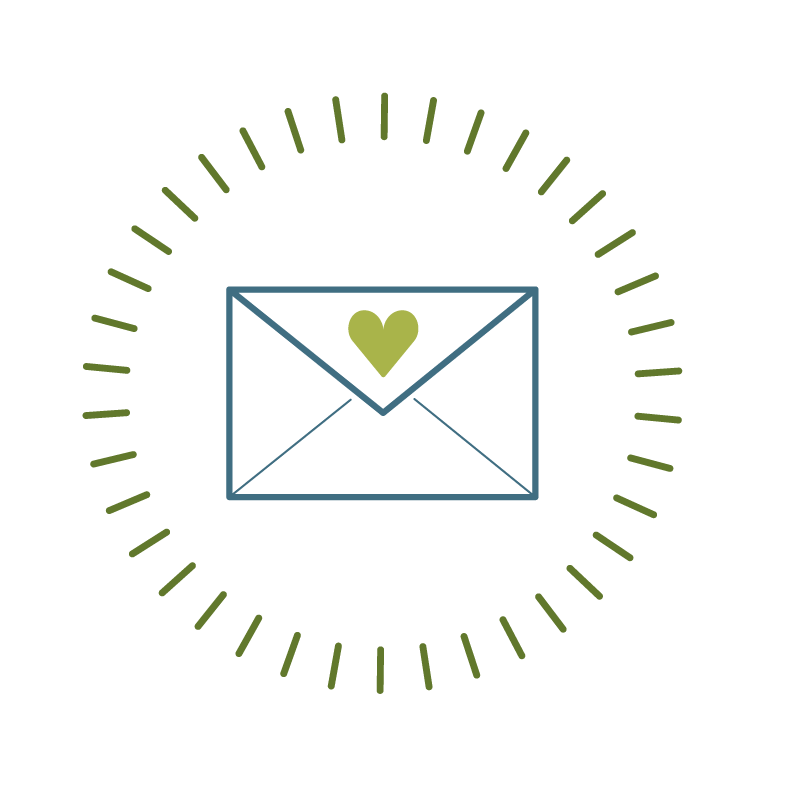 A digital illustration of an envelope with a heart on it, surrounded by a circular pattern of green lines, symbolizing love or communication.