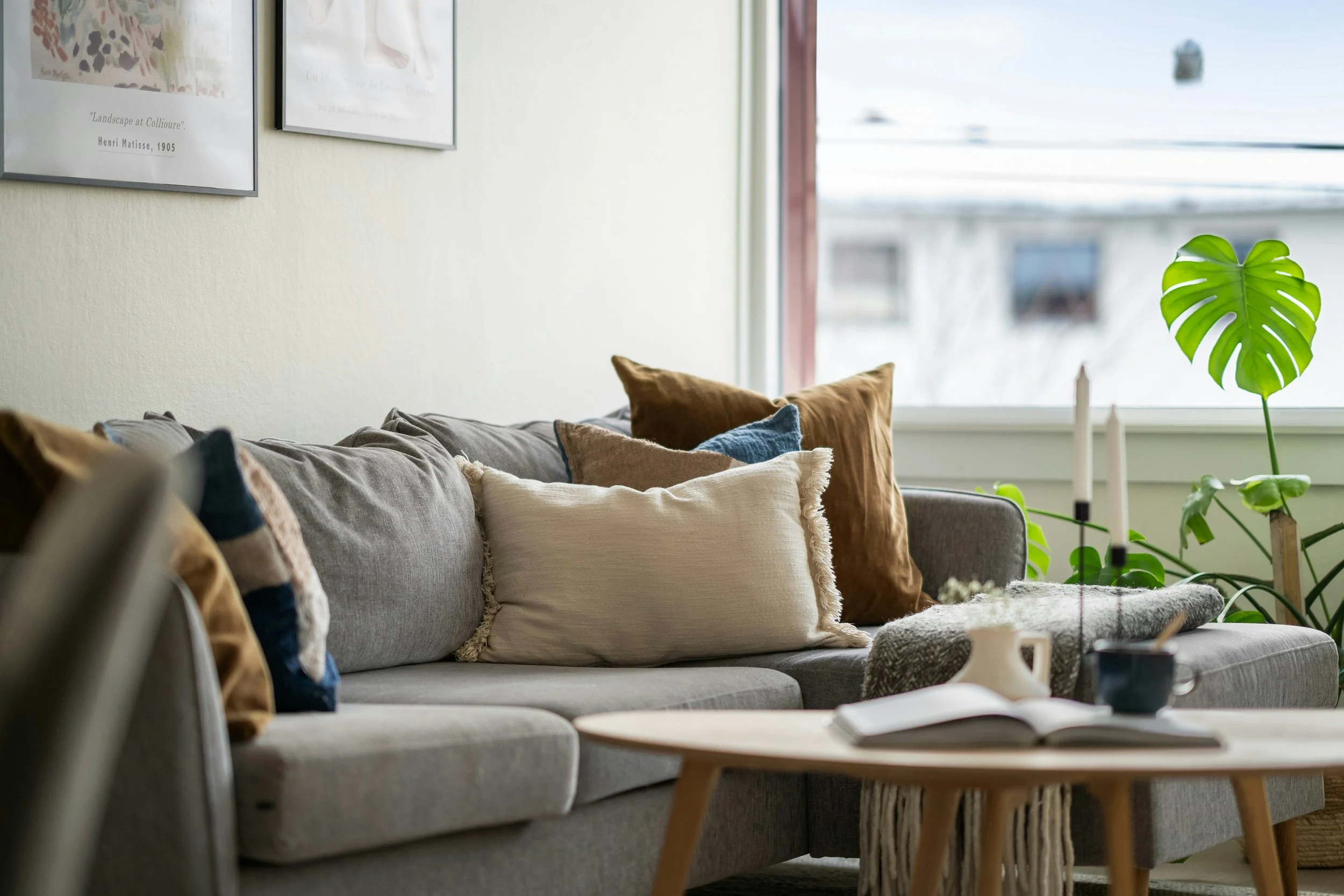 A cozy living room with a light gray sofa decorated with various beige, white, and  pillows. A wooden coffee table in front holds an open book and some small decorative items. Large windows allow natural light to fill the room, and a vibrant green monstera plant is visible near the window.