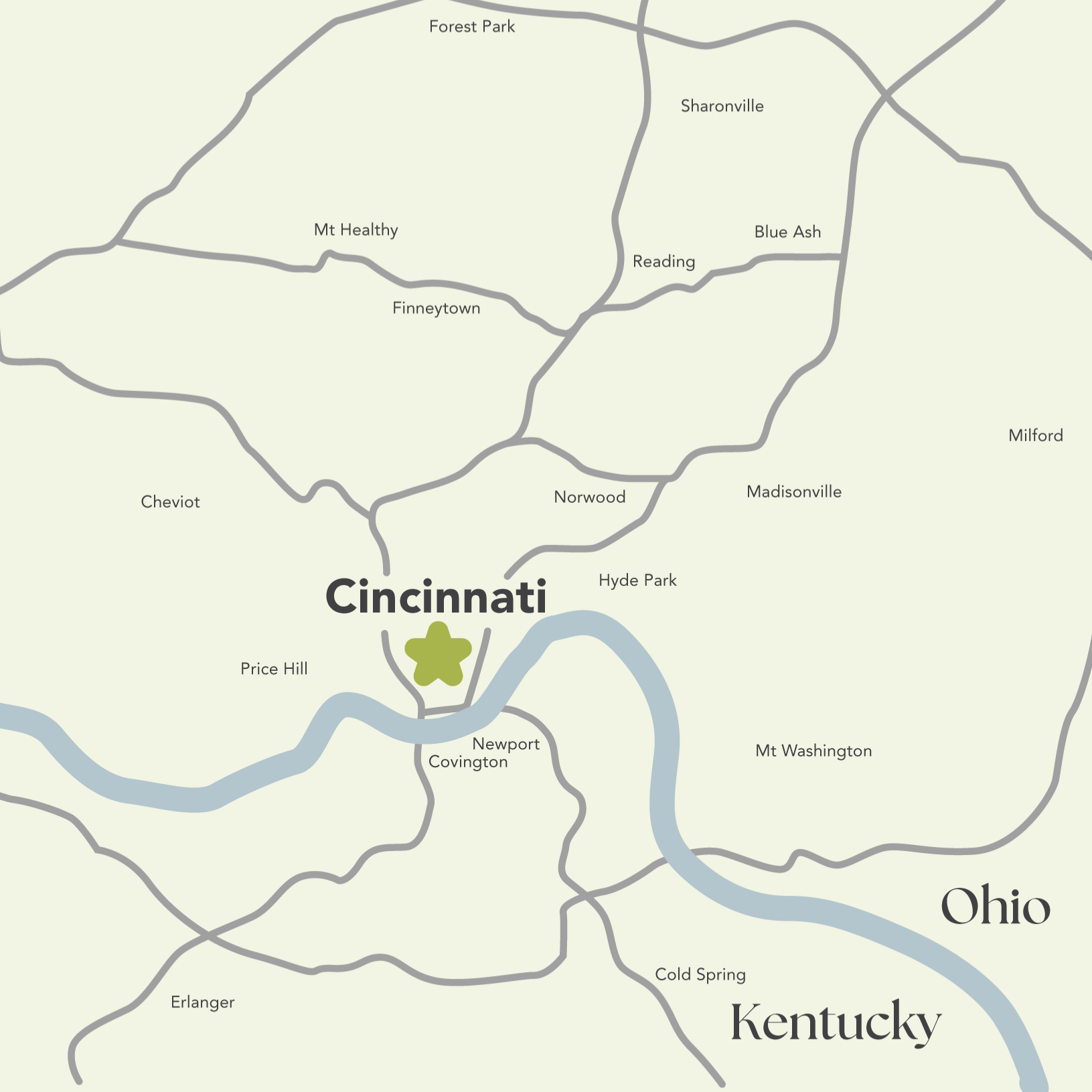 A map centered on Cincinnati, OH and showing the greater Cincinnati metro area and northern Kentucky.