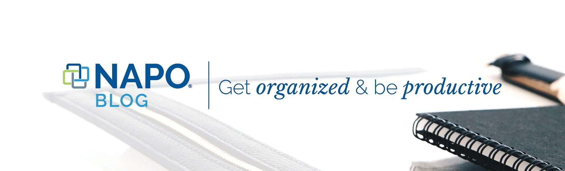 NAPO Blog logo with the tagline "Get organized & be productive" on a background with office supplies like a notebook, ruler, and pens.