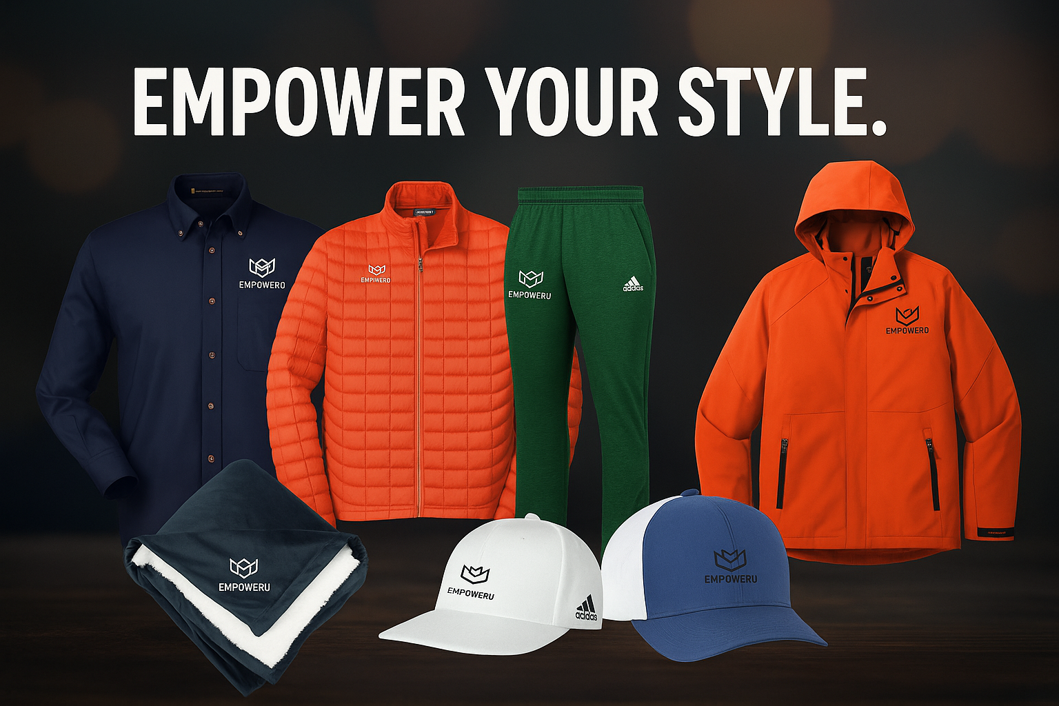 Collection of sporty apparel including a navy blue button-up shirt, an orange quilted jacket, green athletic pants, and an orange hooded jacket, along with two caps and a blanket, all branded with the EMPOWERU logo.