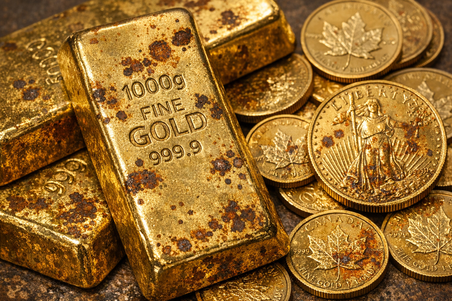 Rotflecken auf Goldbarren und Goldmünzen