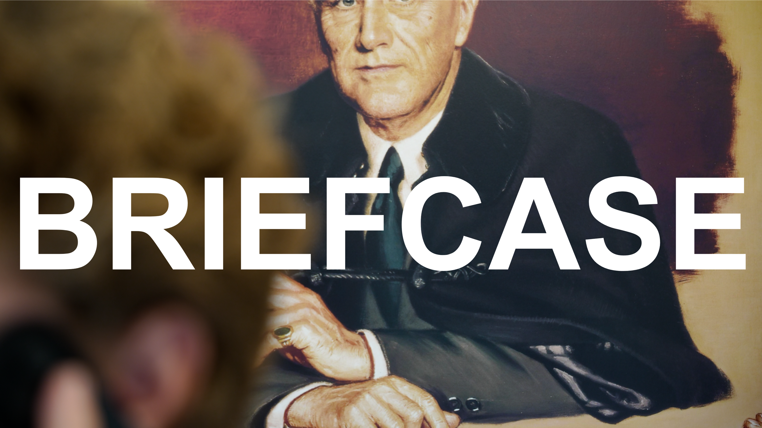 Close-up of a painting of a man in a military uniform, with the word 'BRIEFCASE' written across the image.