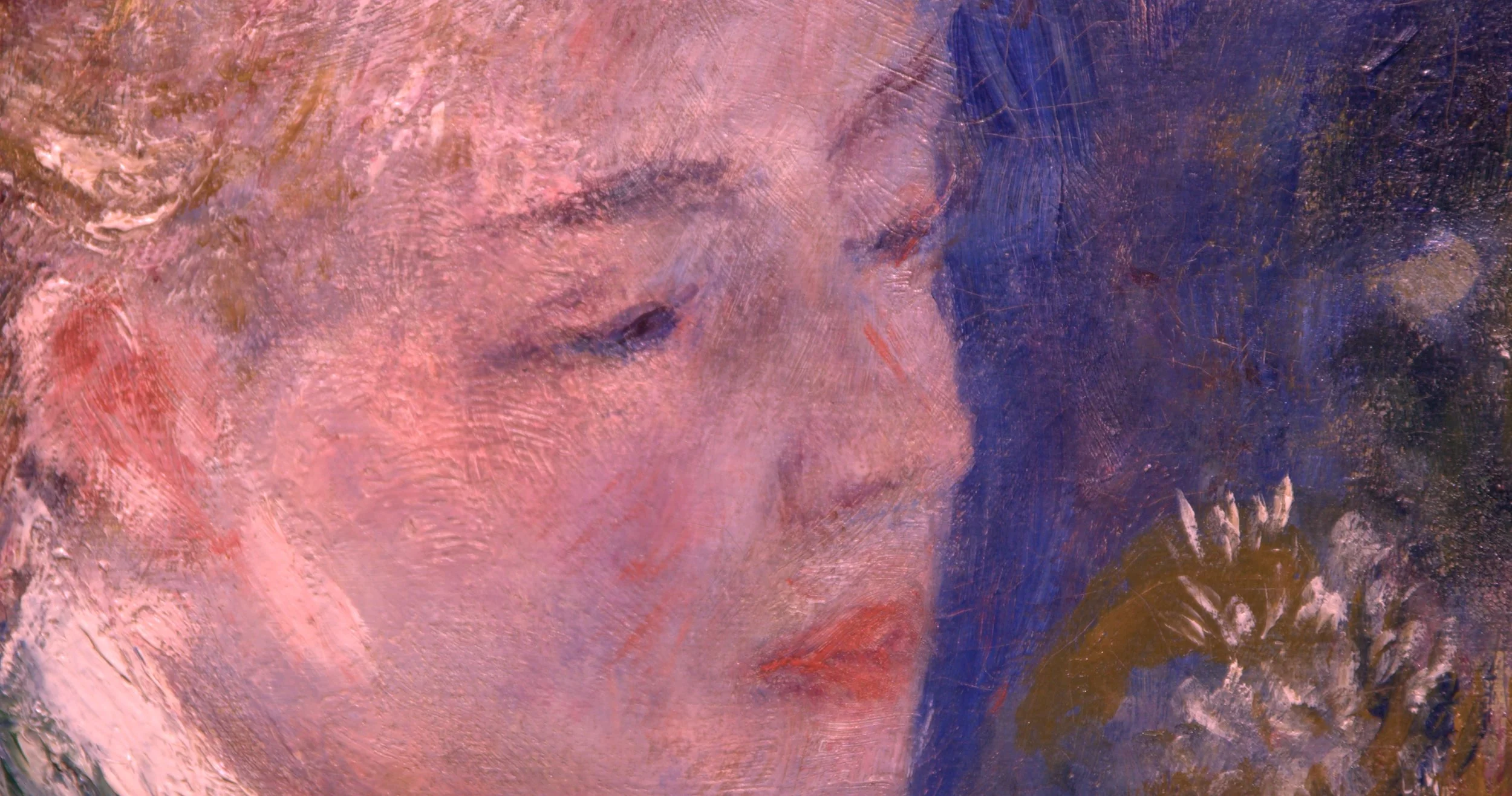 A close-up abstract painting of a woman's face with closed eyes, rendered in thick, textured brushstrokes of pinks, purples, blues, and hints of gold.