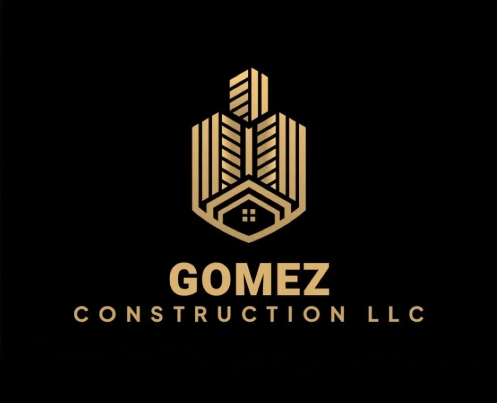 A black background with a gold abstract logo resembling a house and buildings, and the words "GOMEZ CONSTRUCTION LLC" in gold beneath the logo.