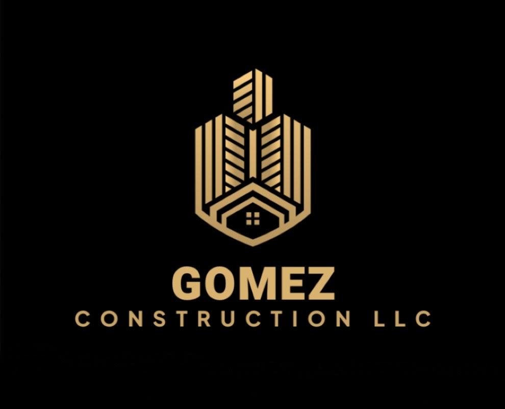 Logo for Gomez Construction LLC featuring a stylized geometric building design in gold on a black background, with the company name below.
