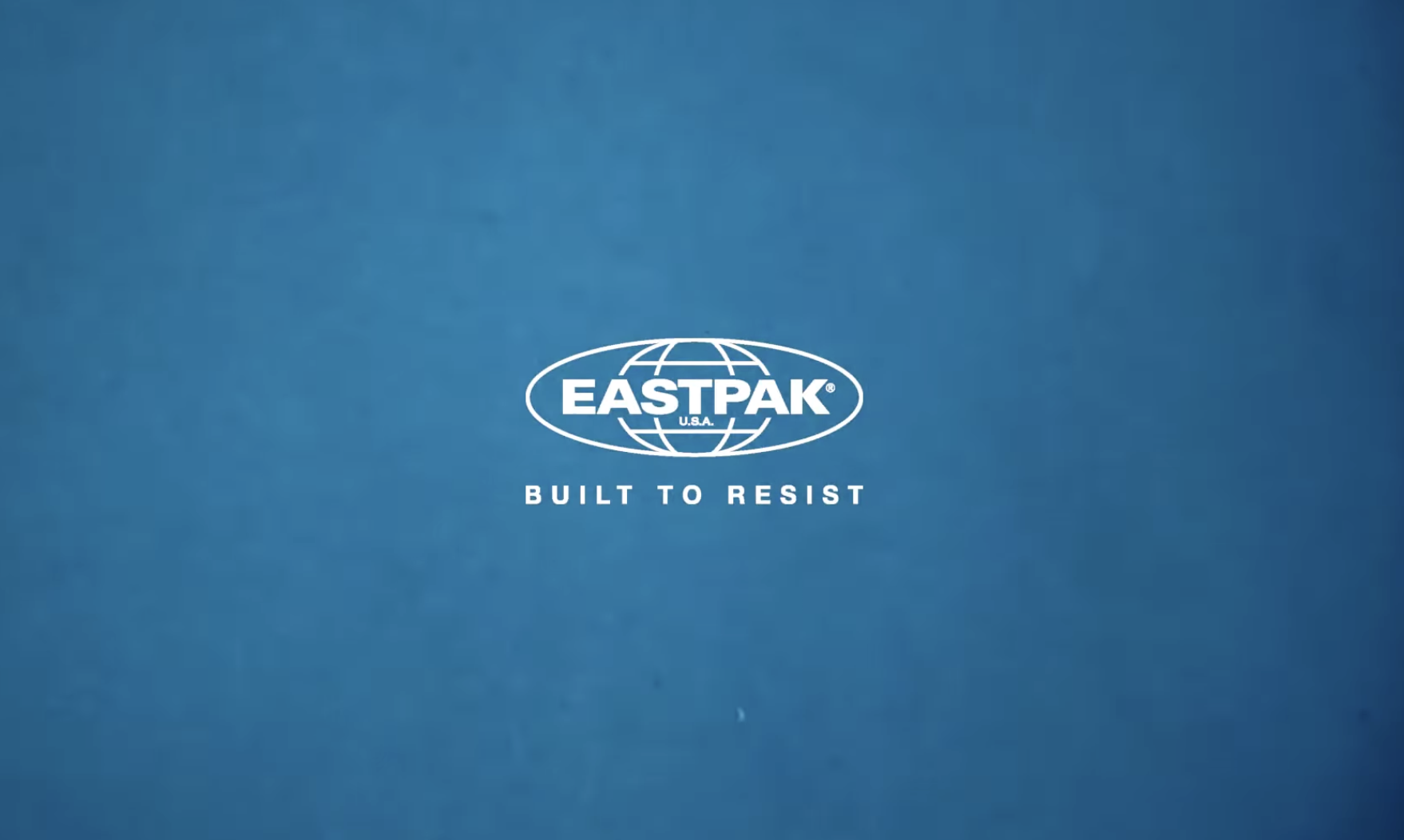Blue background with the Eastpak logo featuring a globe, and the slogan 'Built to Resist' underneath.