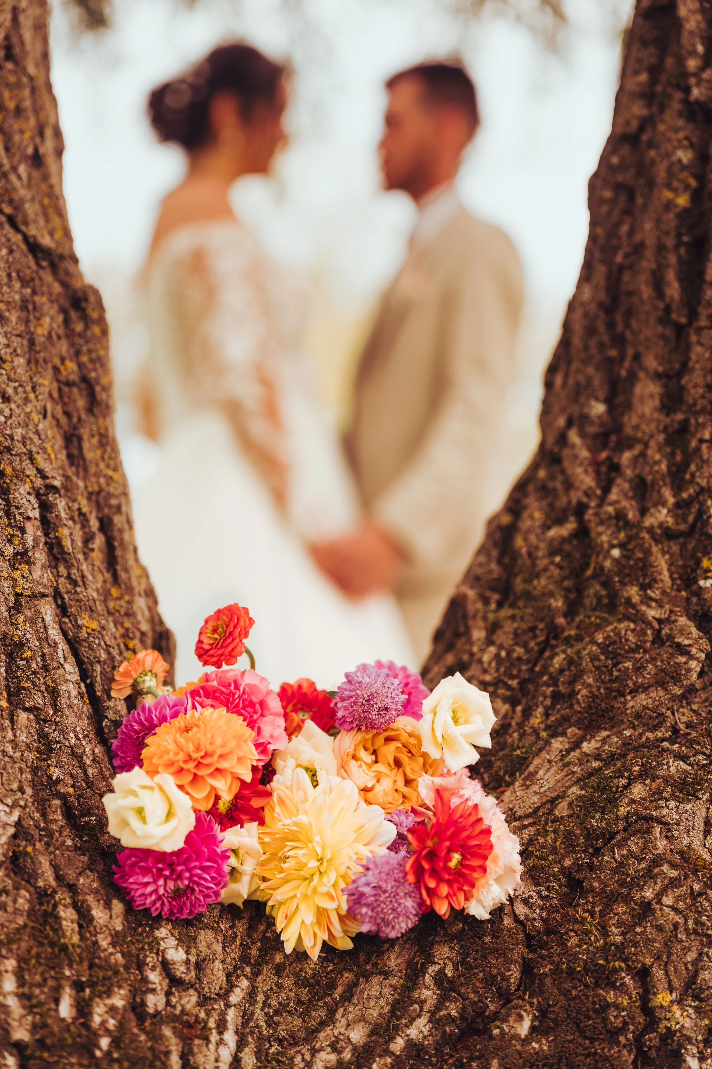 Un bouquet de fleurs colorées, placé dans une anfractuosité d'un arbre du Mas des Canelles près de Toulouse, en Occitanie, avec un couple de mariés flou en arrière-plan, lors d'une cérémonie de mariage en plein air.