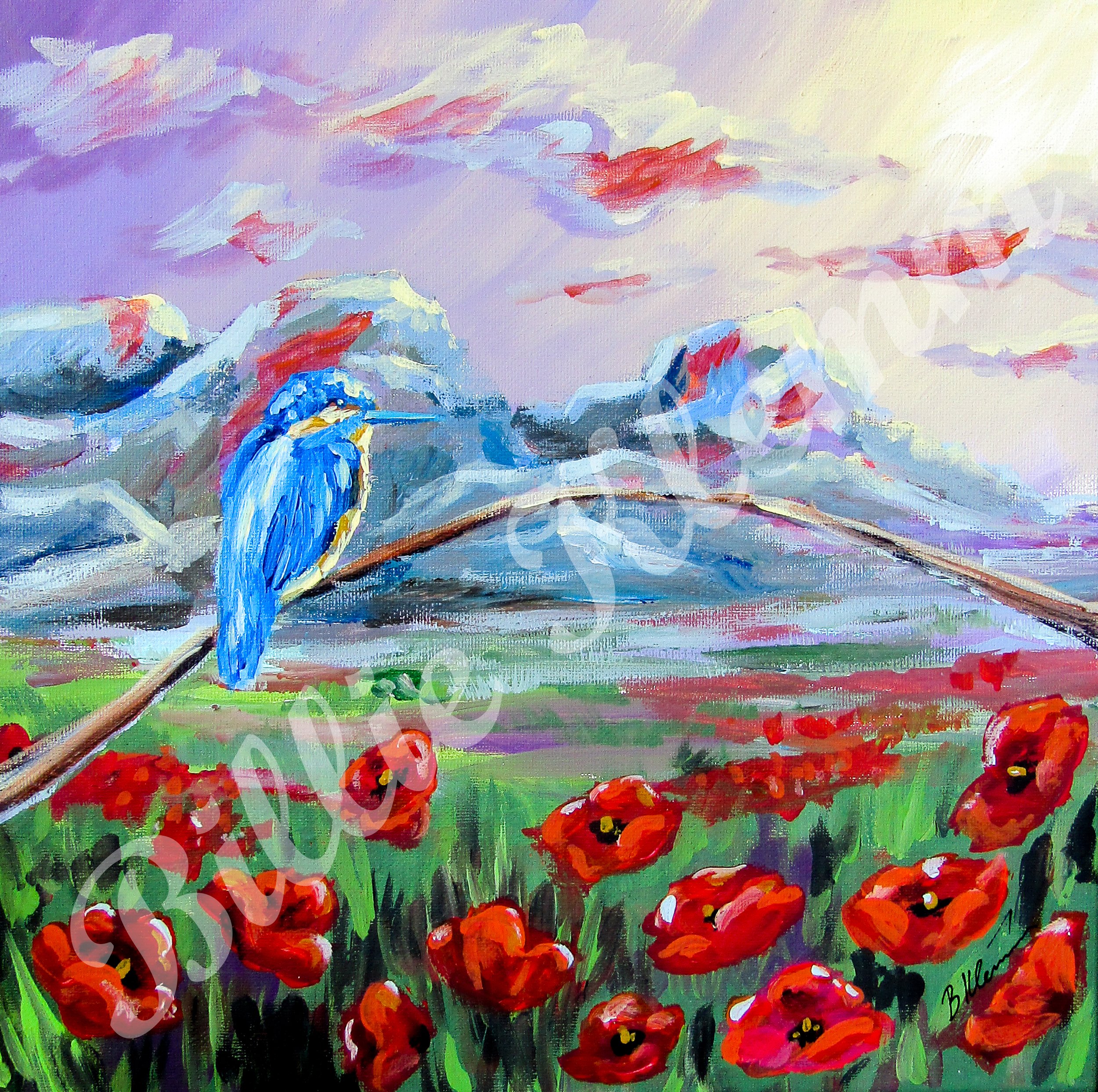 A colorful painting of a blue bird perched on a branch amidst red poppies with a mountainous landscape in the background and a pink and purple sky.