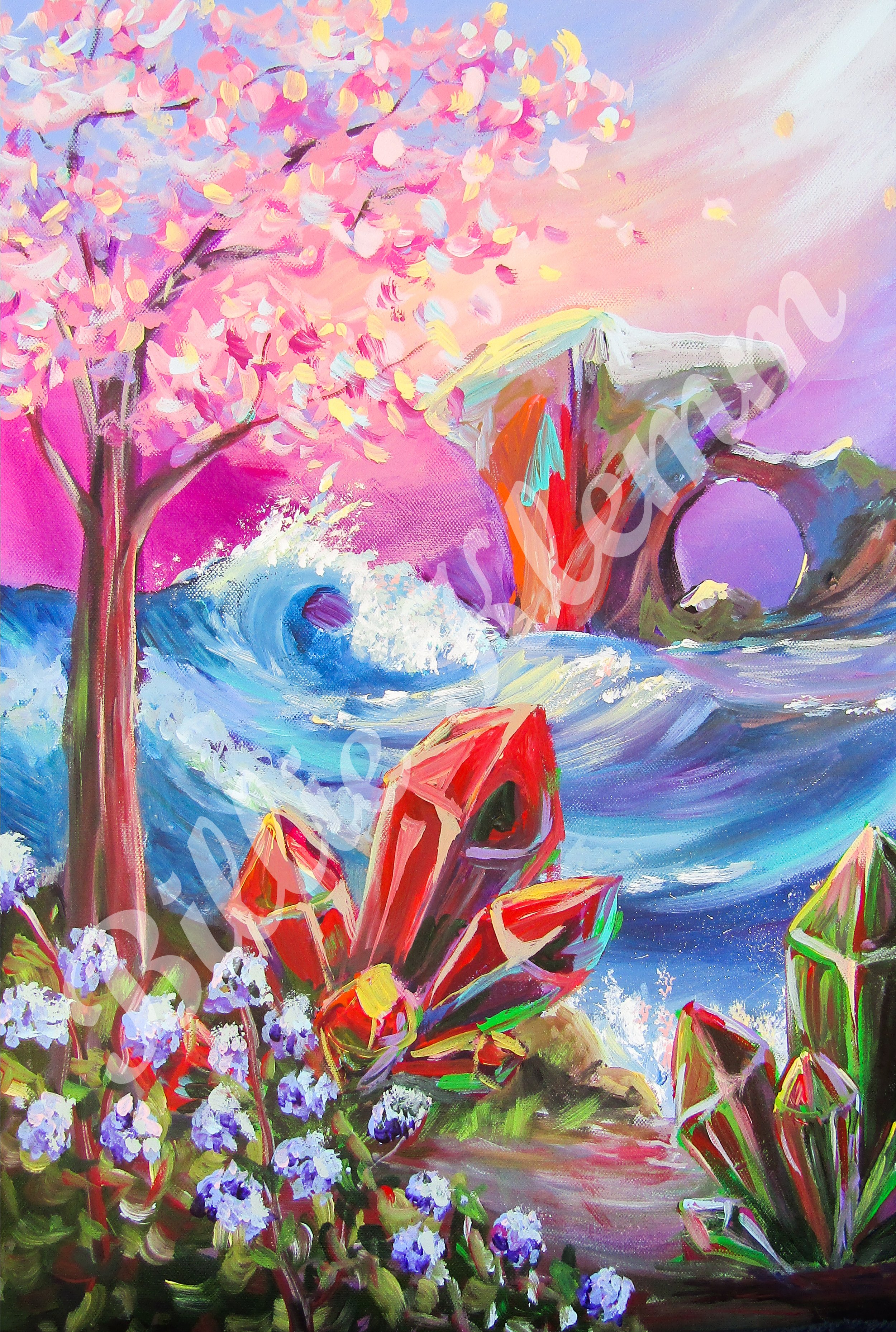 A colorful abstract landscape painting featuring a pink blossoming tree, a vibrant ocean wave, pink and green crystalline rocks, and a mountain arch in the background with a pastel sky.