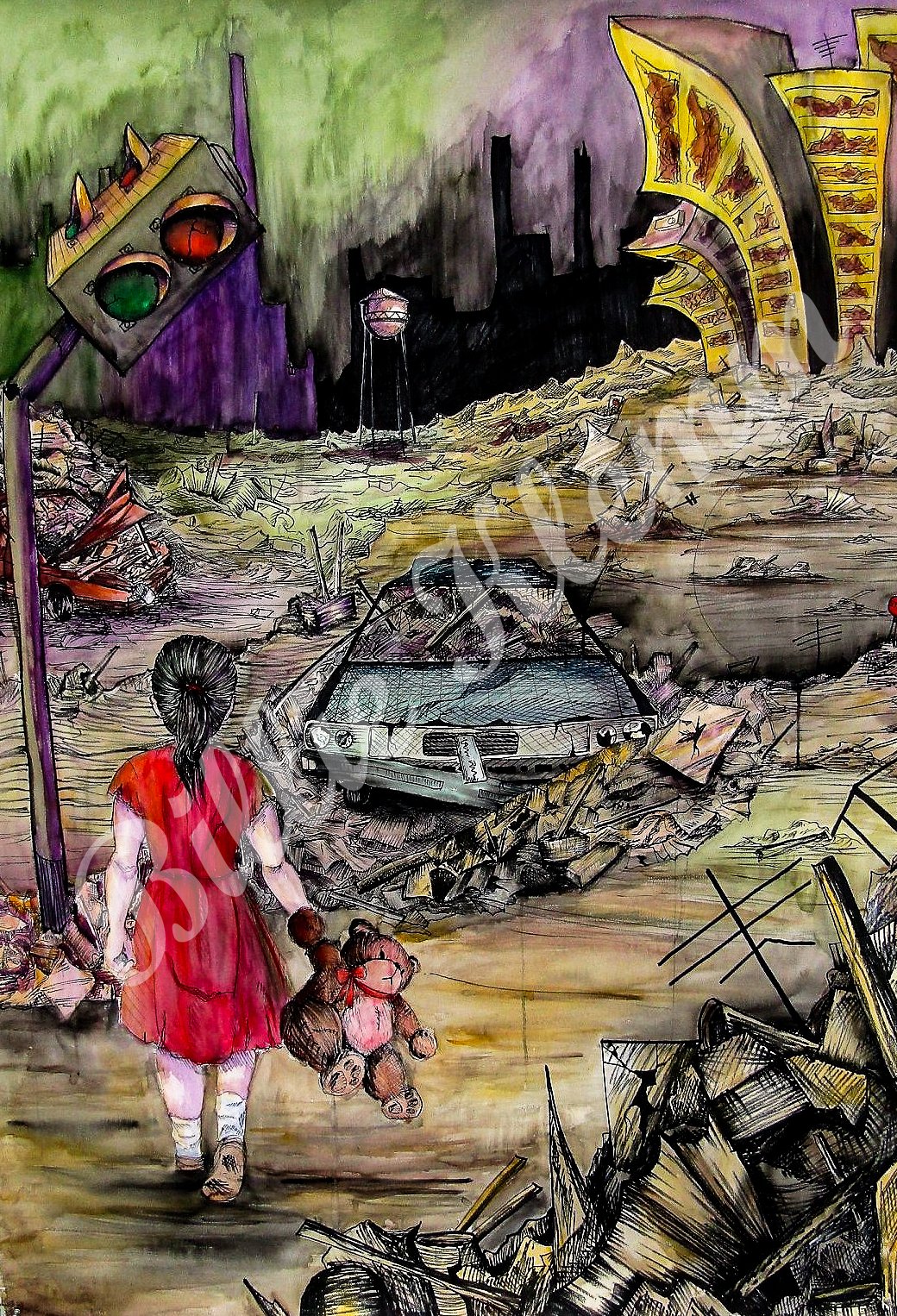 A woman in a red dress holding a teddy bear walking through a post-apocalyptic city with destroyed buildings, wrecked cars, and debris. In the background, there is a traffic light and a dark, damaged skyline.