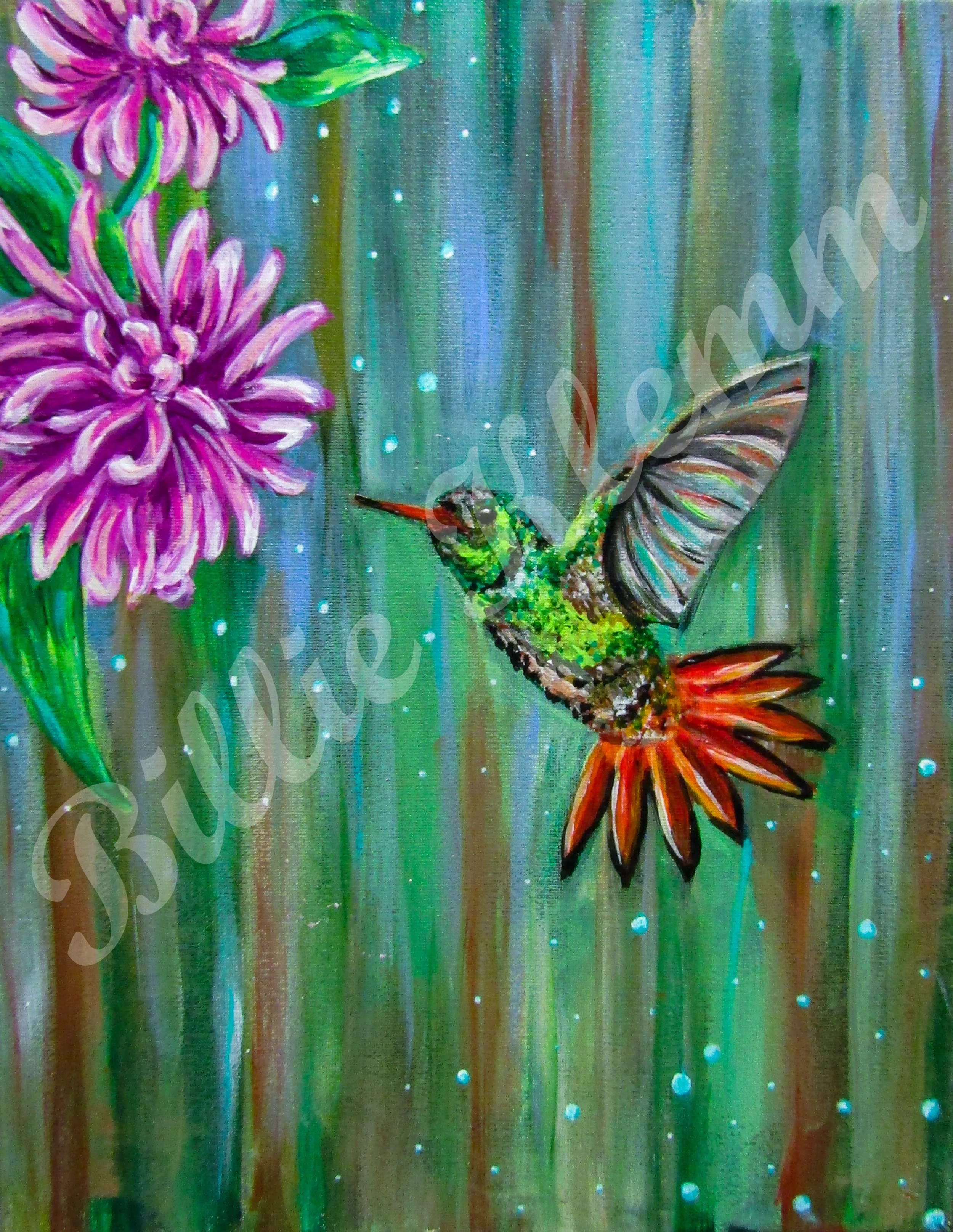 A colorful painting of a hummingbird flying near pink flowers with a vibrant, abstract green background.
