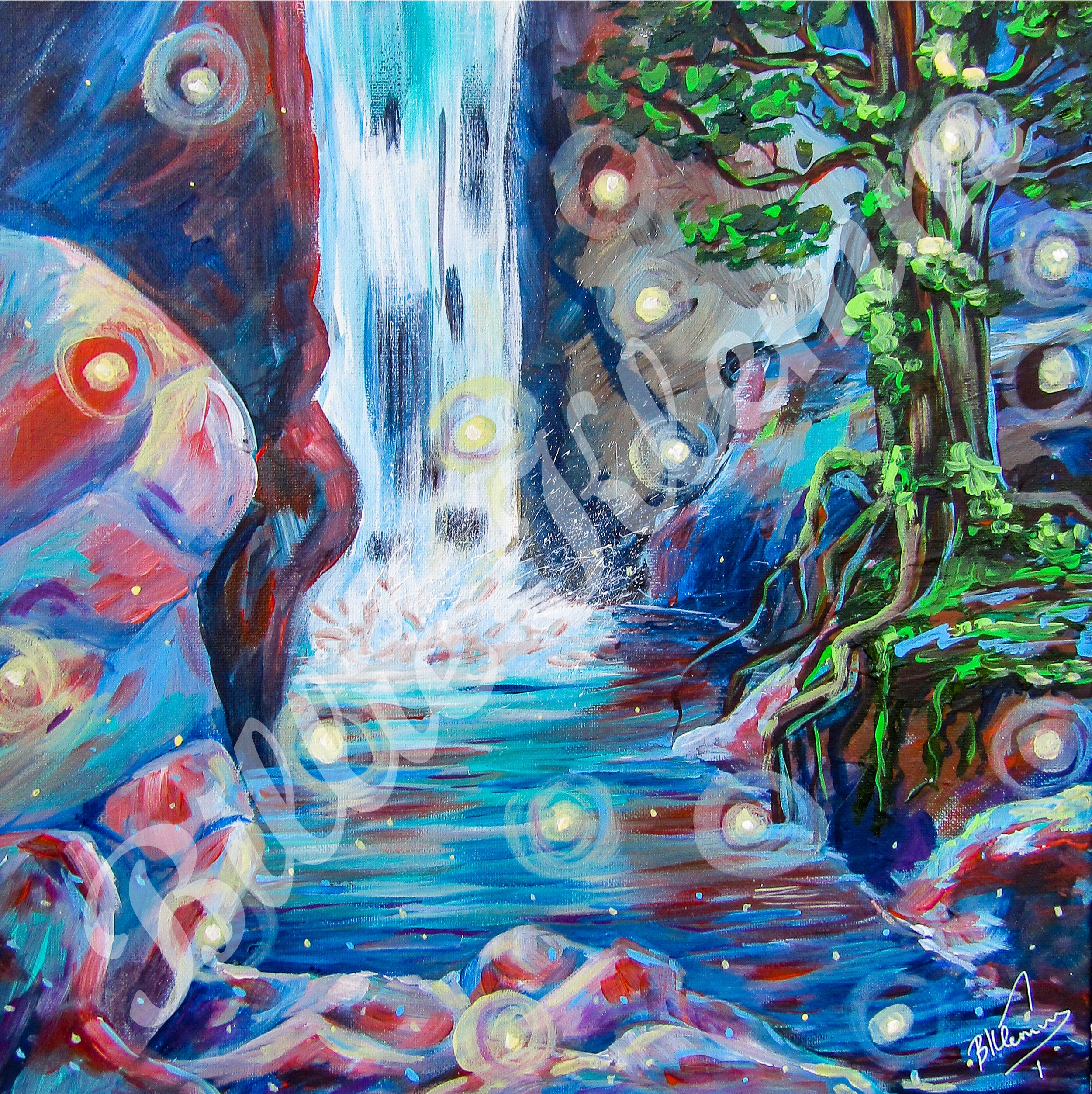 A colorful abstract painting of a waterfall flowing into a river surrounded by rocks and green foliage, with swirling light orbs throughout.