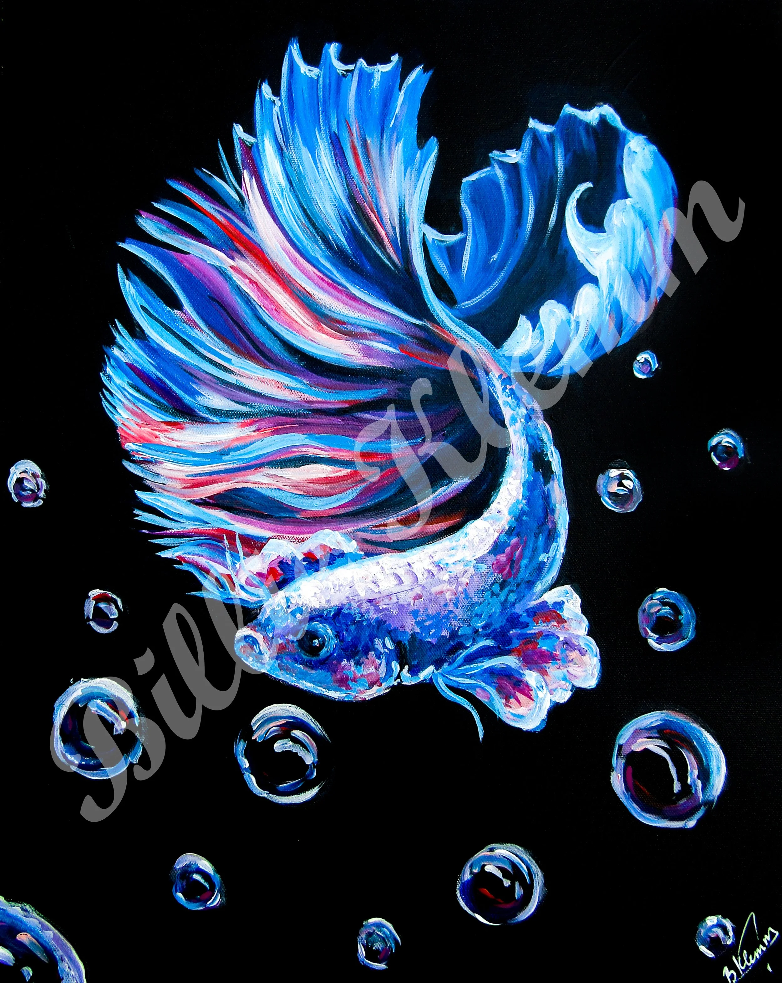 Painting of a Betta fish swimming among bubbles, with vibrant blue and pink fins on a black background.
