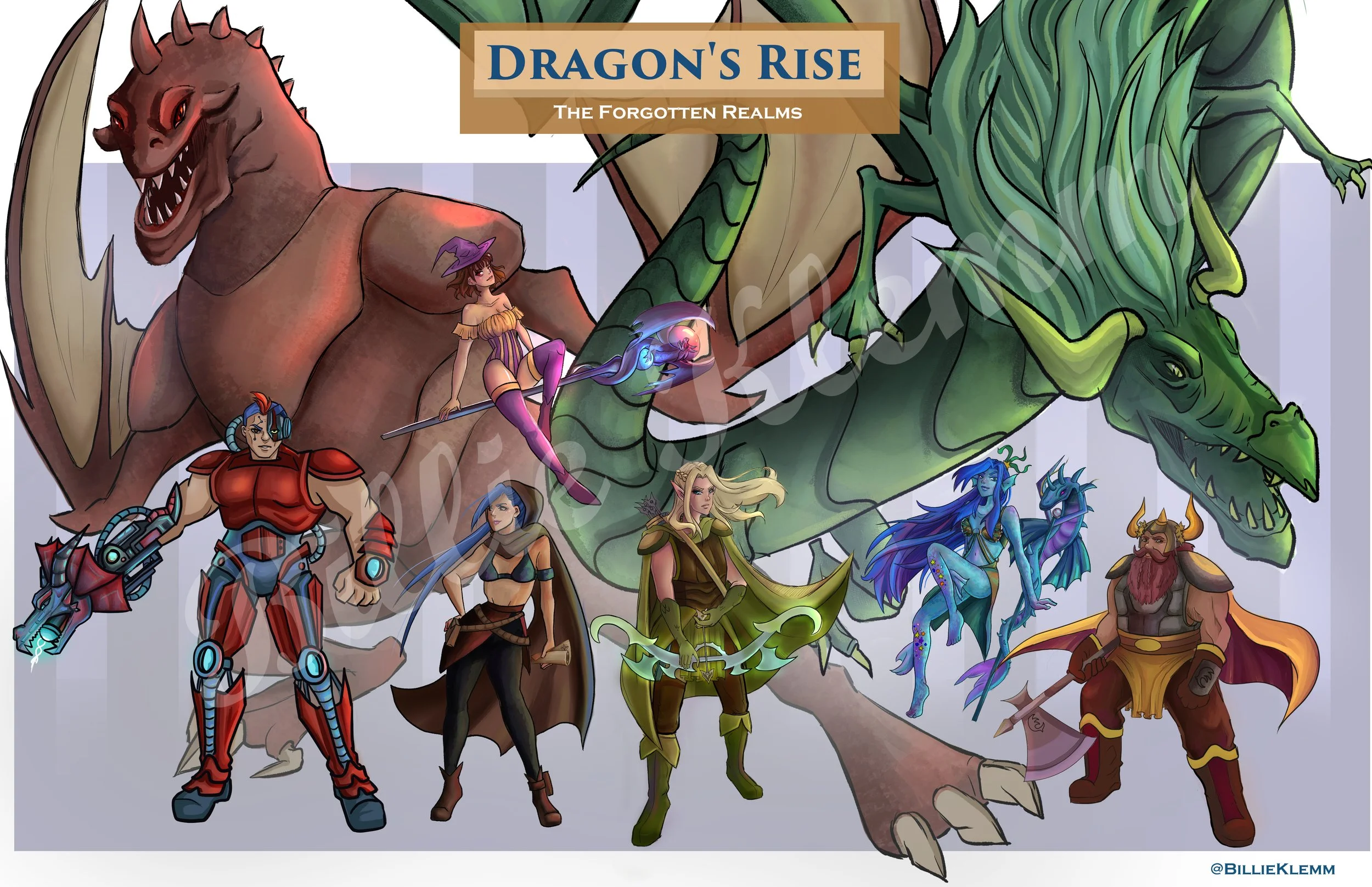 Artwork of fantasy characters from Dragon's Rise: The Forgotten Realms. Includes a large dragon, fantastical humanoid characters, a warrior with a gun, a mage, an archer, and fantasy creatures in colorful costumes.