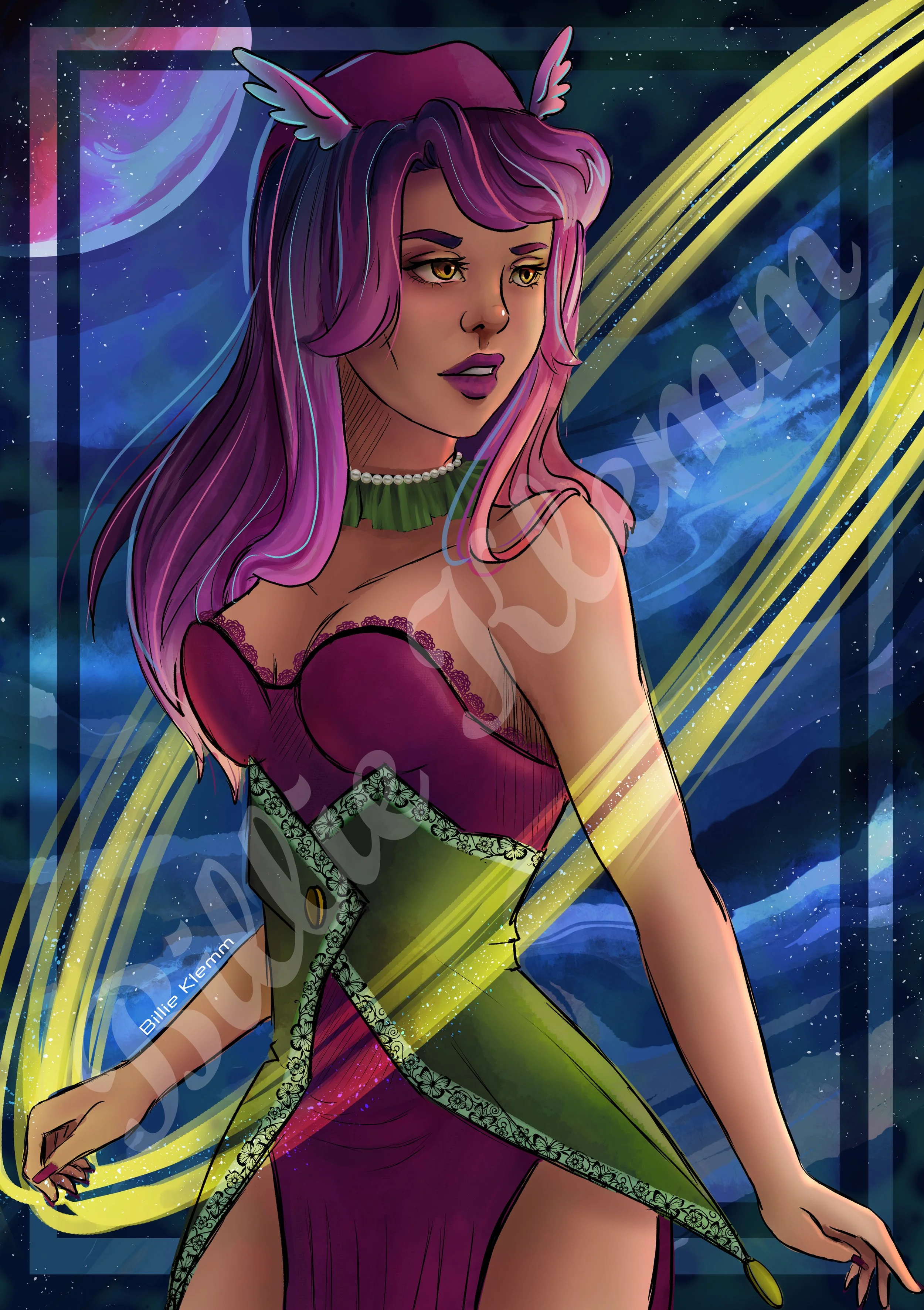 Digital illustration of a woman with purple-pink hair, cat ears, and yellow eyes, wearing a strapless purple dress with lace and green accents, set against a cosmic background with stars and swirling colors.