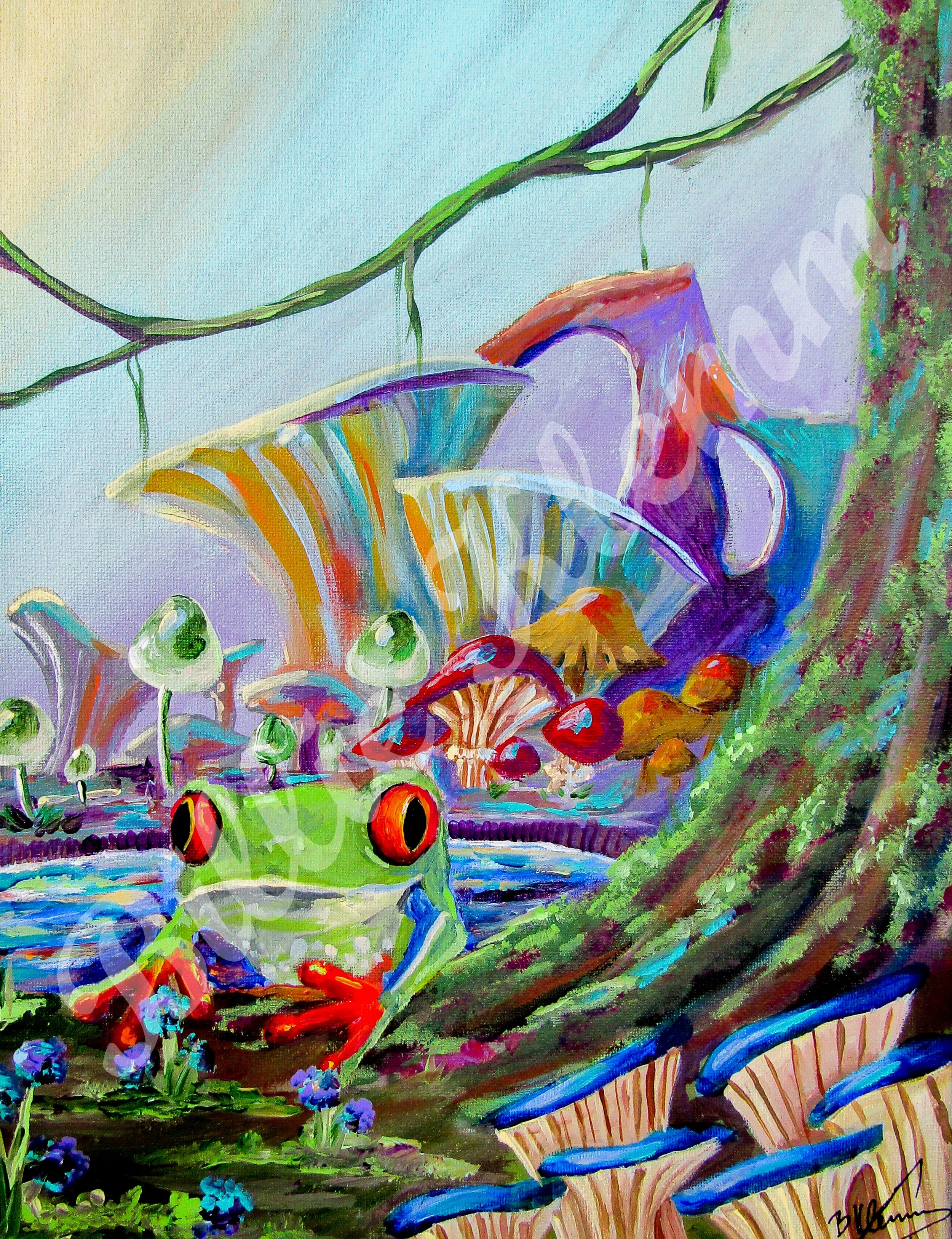 Colorful painting of a fantastical forest scene with large mushrooms, a green frog with red eyes, and various other mushrooms, plants, and a tree trunk.