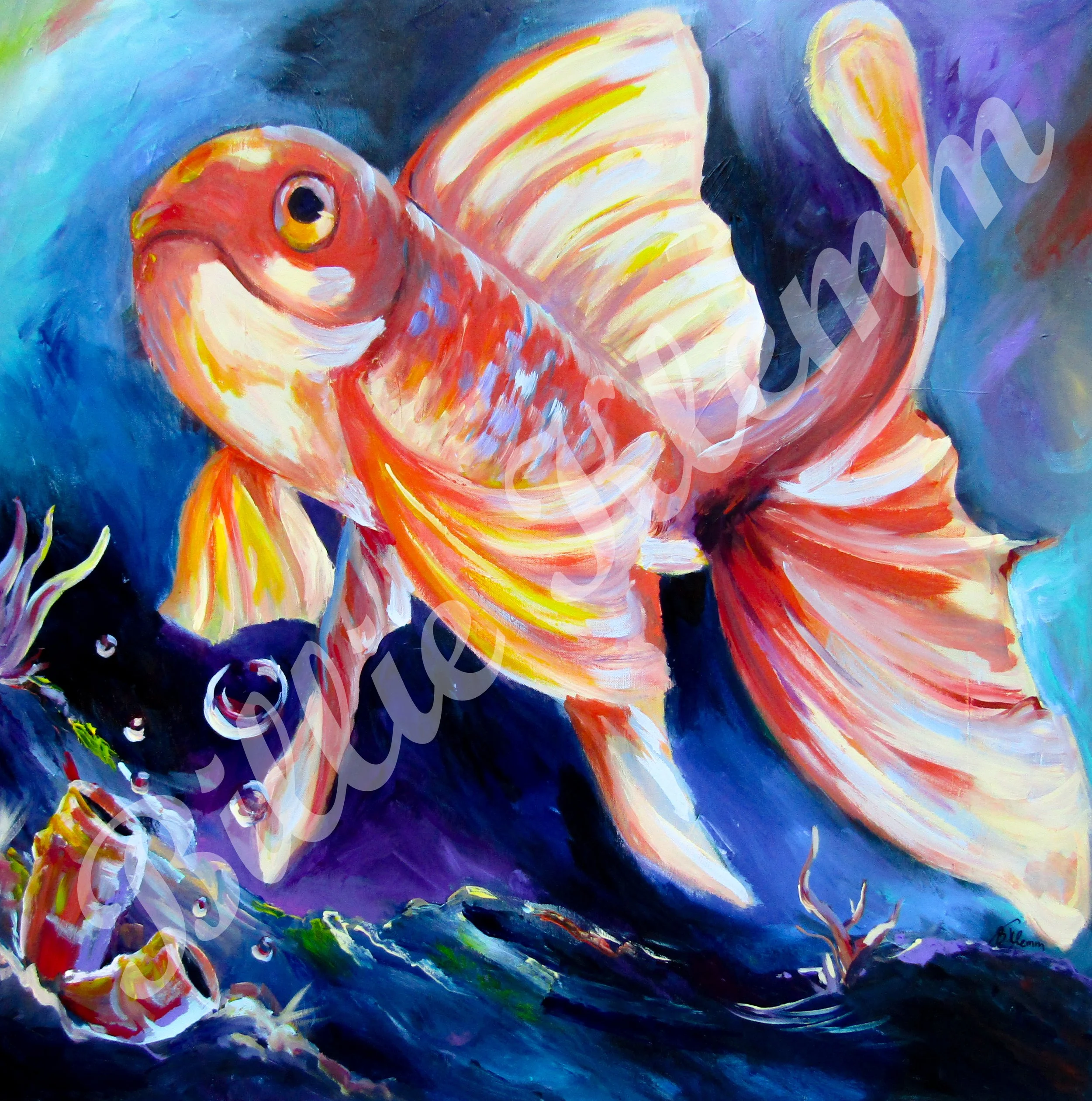 Colorful painting of a goldfish swimming underwater with coral and bubbles.