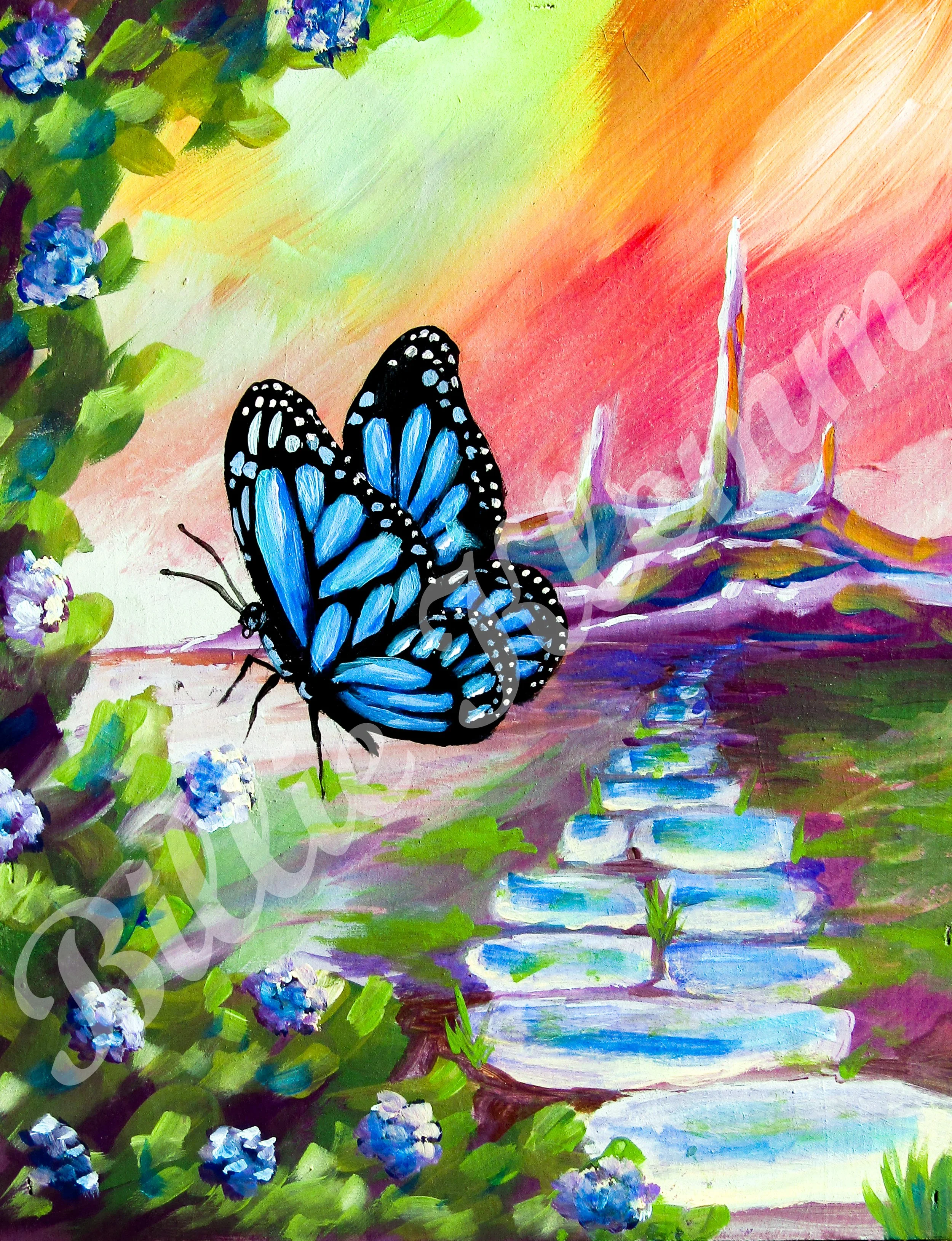 Colorful painting of a scene with a large blue and black butterfly near blue flowers on the left. A path made of rectangular stones runs from the bottom to the middle of the scene. In the background, there are mountains and a sunset with a sky painte