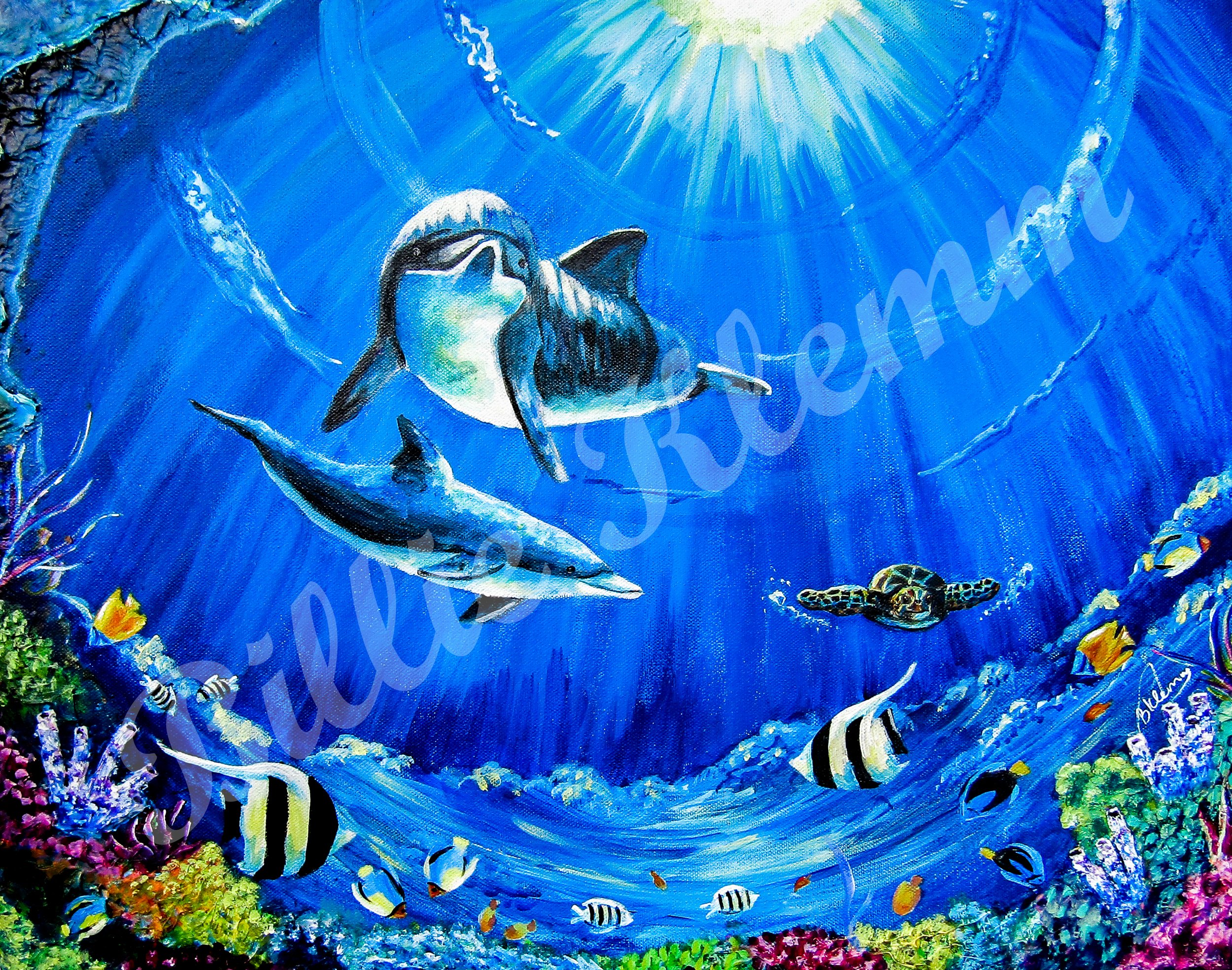 Underwater scene with colorful corals, various fish, a sea turtle, a shark, a penguin, a dolphin, and a sunlit surface above.