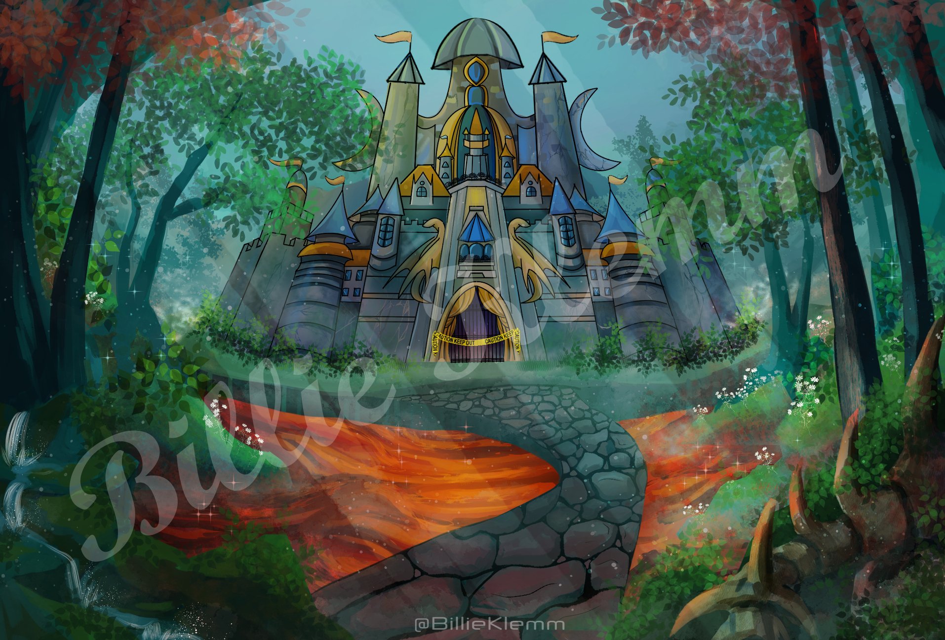 A fantasy castle with multiple turrets and flags, surrounded by a forest with a bubbling lava river flowing beneath a stone bridge, with caution tape at the entrance.
