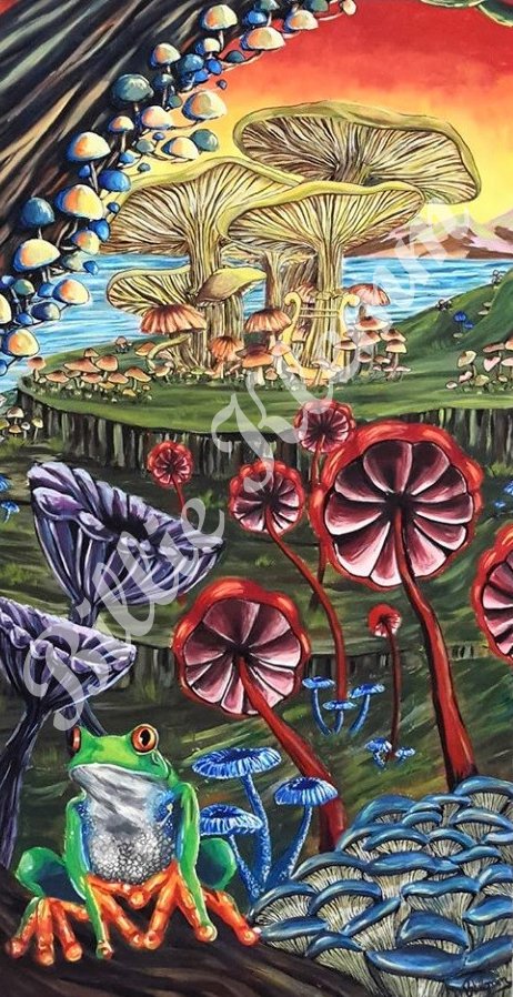 Colorful fantasy landscape with giant mushrooms, vibrant flora, a frog with bright colors, and a serene background of mountains and water.