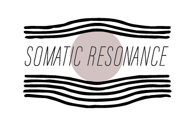 Text saying "SOMATIC RESONANCE" over a gray circle with wavy black lines above and below.