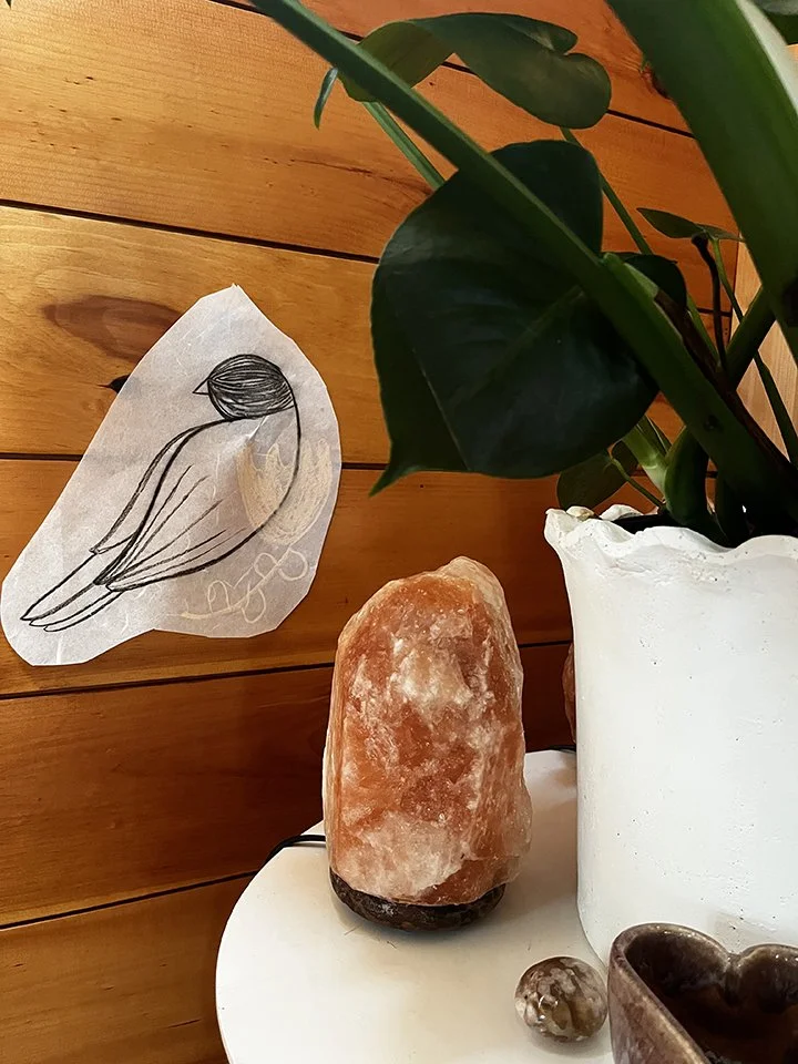 Detail of Dyannas office, A salt lamp, a white ceramic vase with green leafy houseplant, a small clear marble, and a drawing of a bird on a piece of paper taped to a wooden wall.
