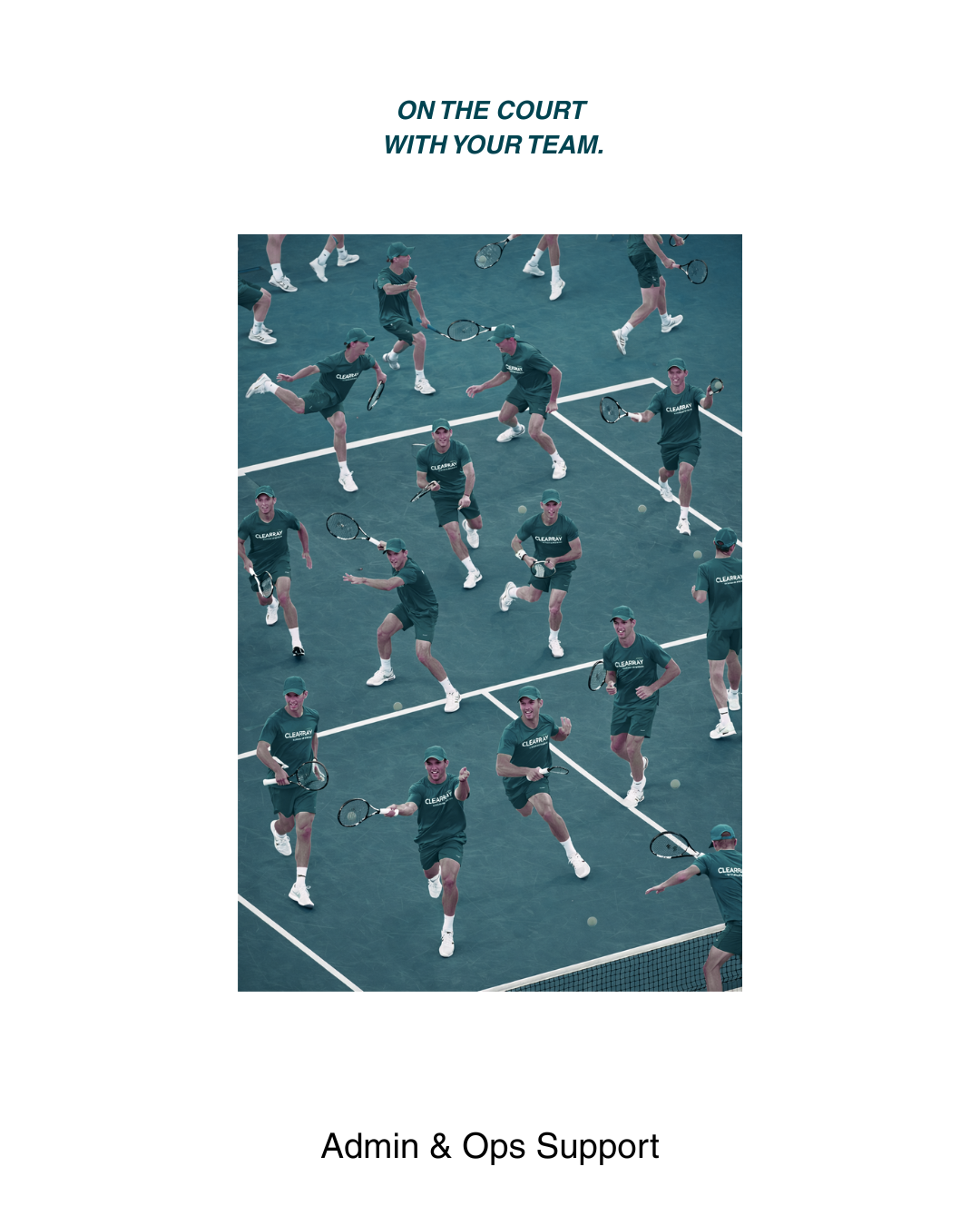 Multiple tennis players on a court during a practice or game, wearing matching shirts and shorts, with some in action and others preparing to hit or run.