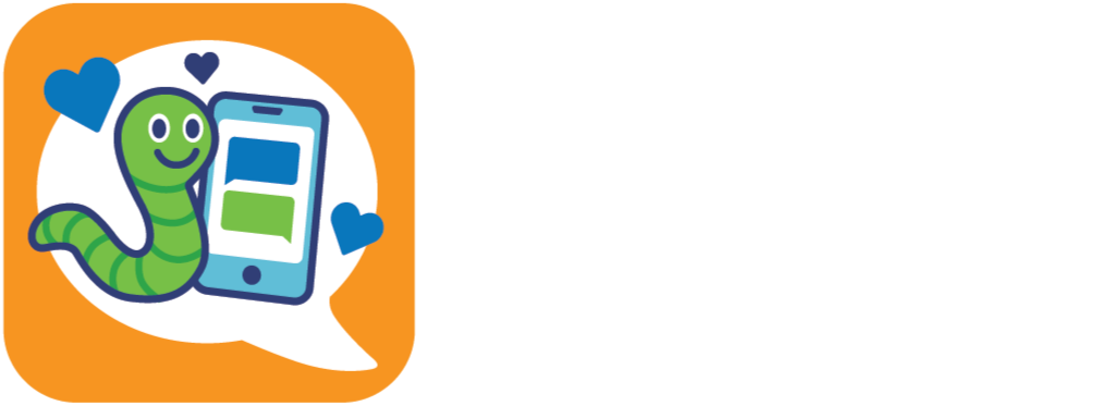 A cartoon illustration of a smiling green caterpillar holding a smartphone with a chat bubble, surrounded by blue hearts.