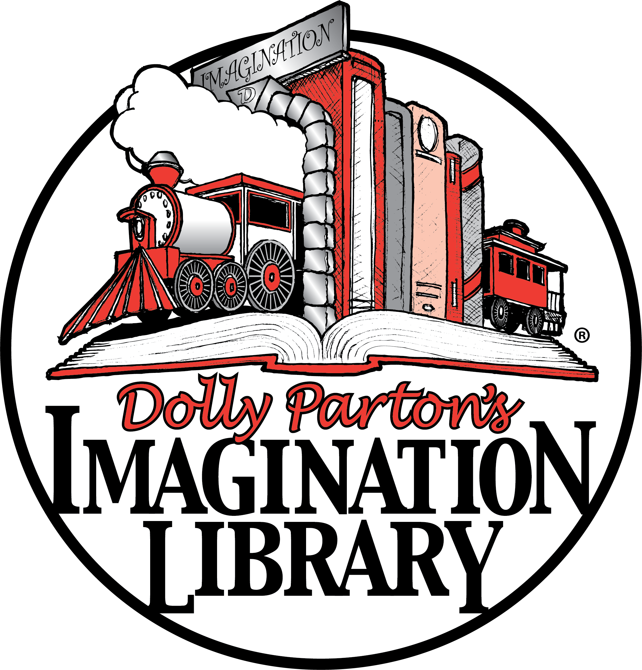 Logo for Dolly Parton's Imagination Library featuring a vintage red train, an open book, and the text 'Dolly Parton's Imagination Library'.