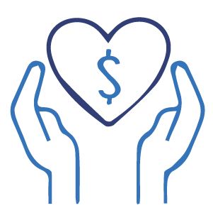 Two hands holding a heart with a dollar sign inside it, symbolizing financial care or charity.