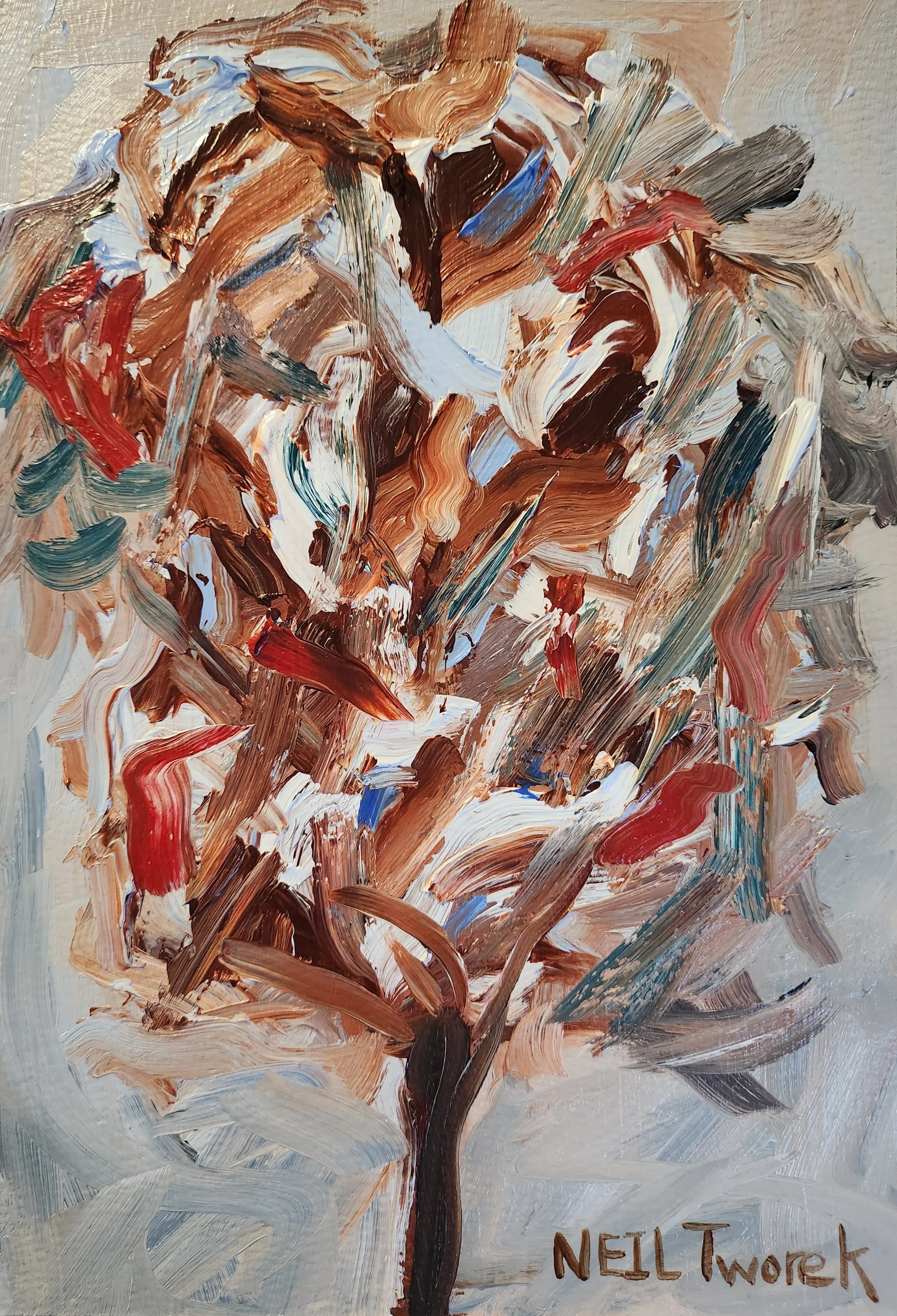 With this painting I was depicting a tree that you can't exactly tell what season it is. You see the white of snow, the colours of autumn, and the blue greens of summer.