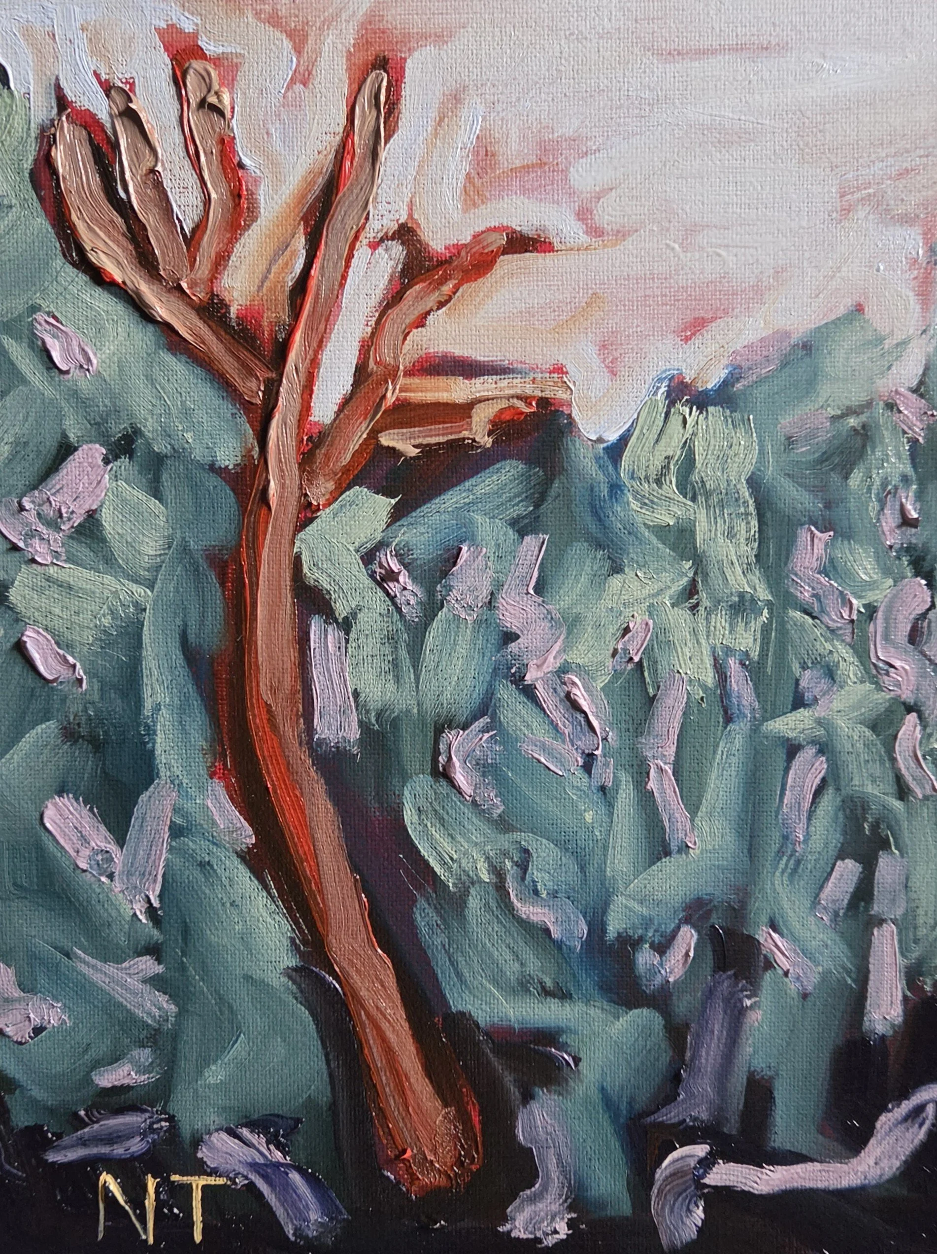 This painting is of a dead poplar tree against a living forest. It is a representation of what we leave behind physically. 