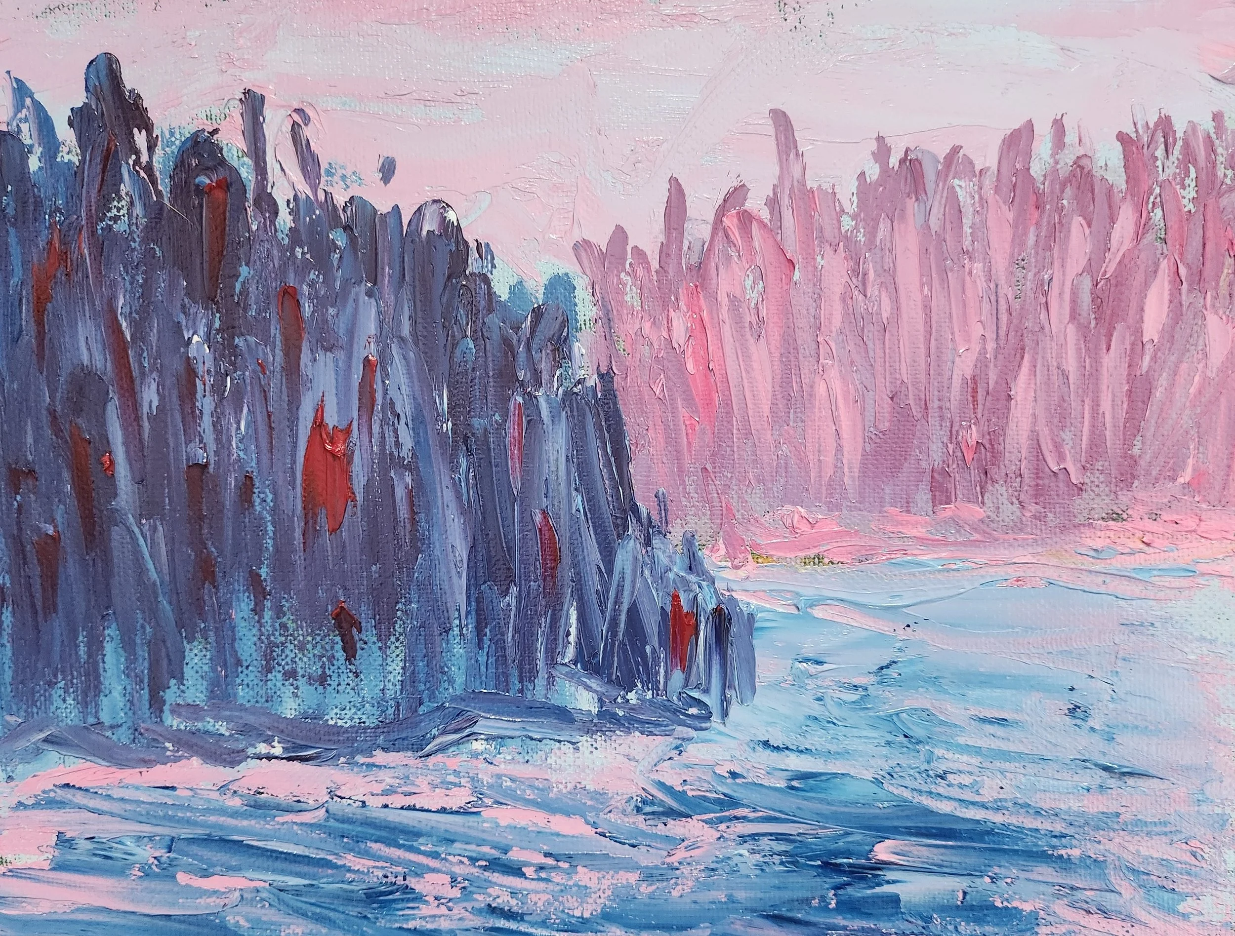 An impressionist painting of cliffs by the water, featuring tall, dark purple and blue cliffs on the left and pinkish cliffs in the background on the right, with a pink and blue sky and choppy water in the foreground.
