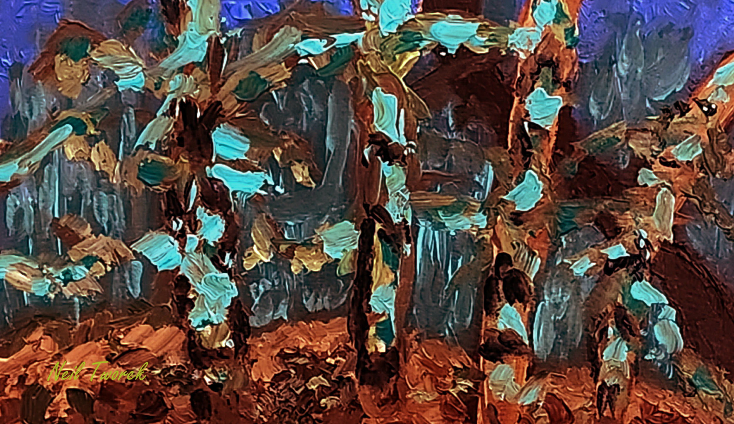 An oil painting done in abstract impressionist style with bold brushstrokes in shades of blue, green, brown, and purple, creating a textured, dynamic scene. This artwork is a beautiful piece that gives the viewer a feeling of calm, and wonderment.