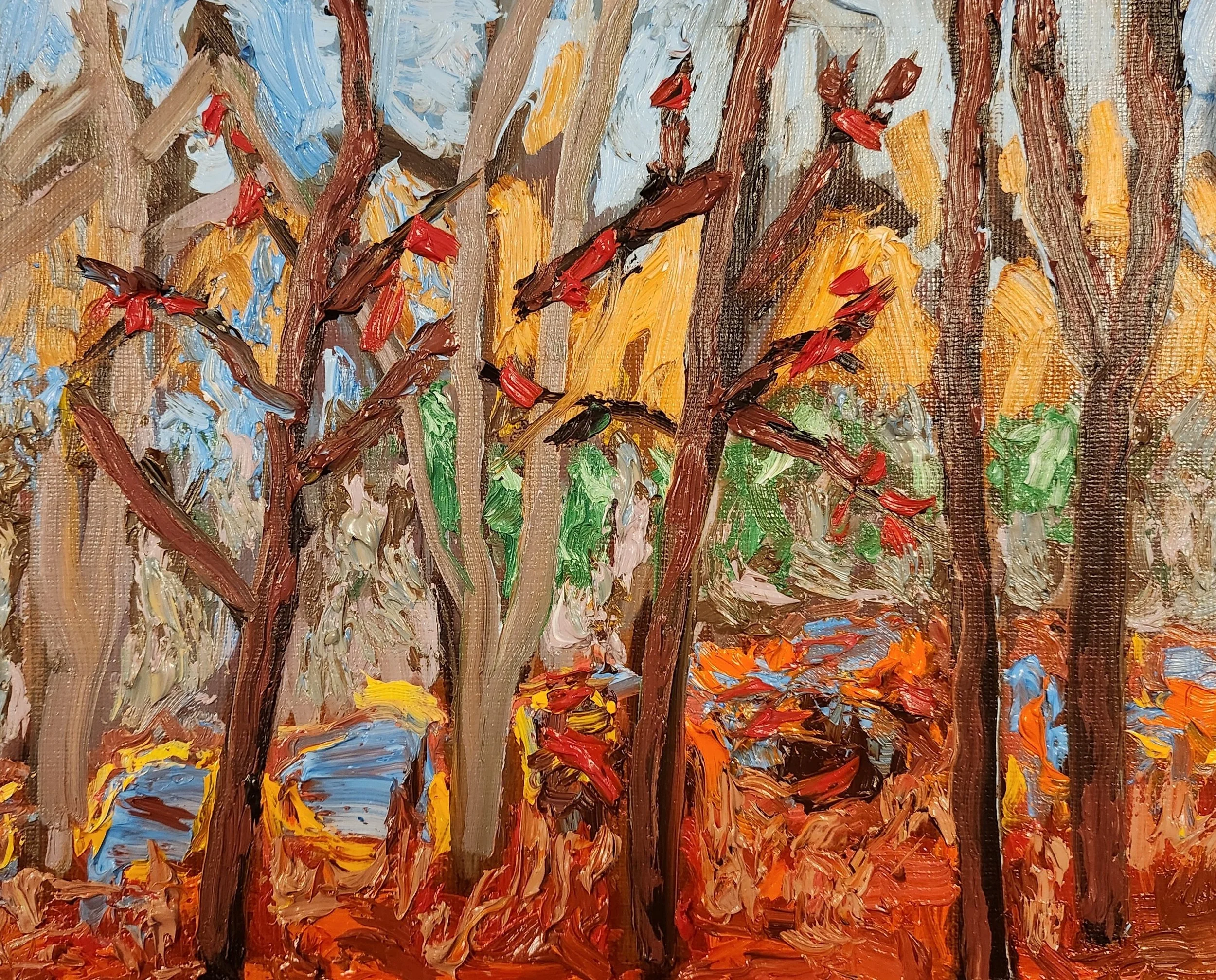 A beautiful abstract impressionist painting of a forest scene from the boreal forest of Canada.