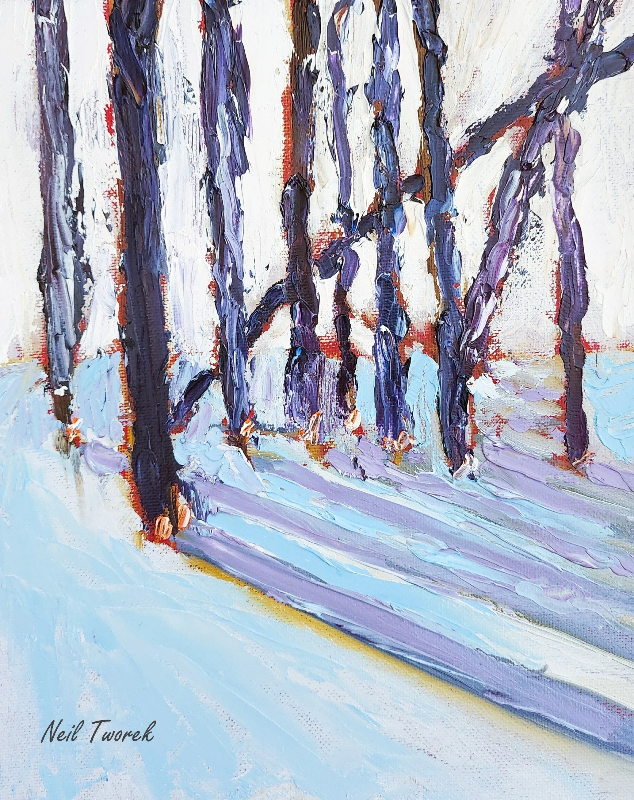 I love the stillness of winter, and the sparkle and glistening of snow. This abstract impressionist painting depicts how sunlight and snow interact to create beautiful blues and purples. The feeling that this oil painting invokes is one of peacefulne