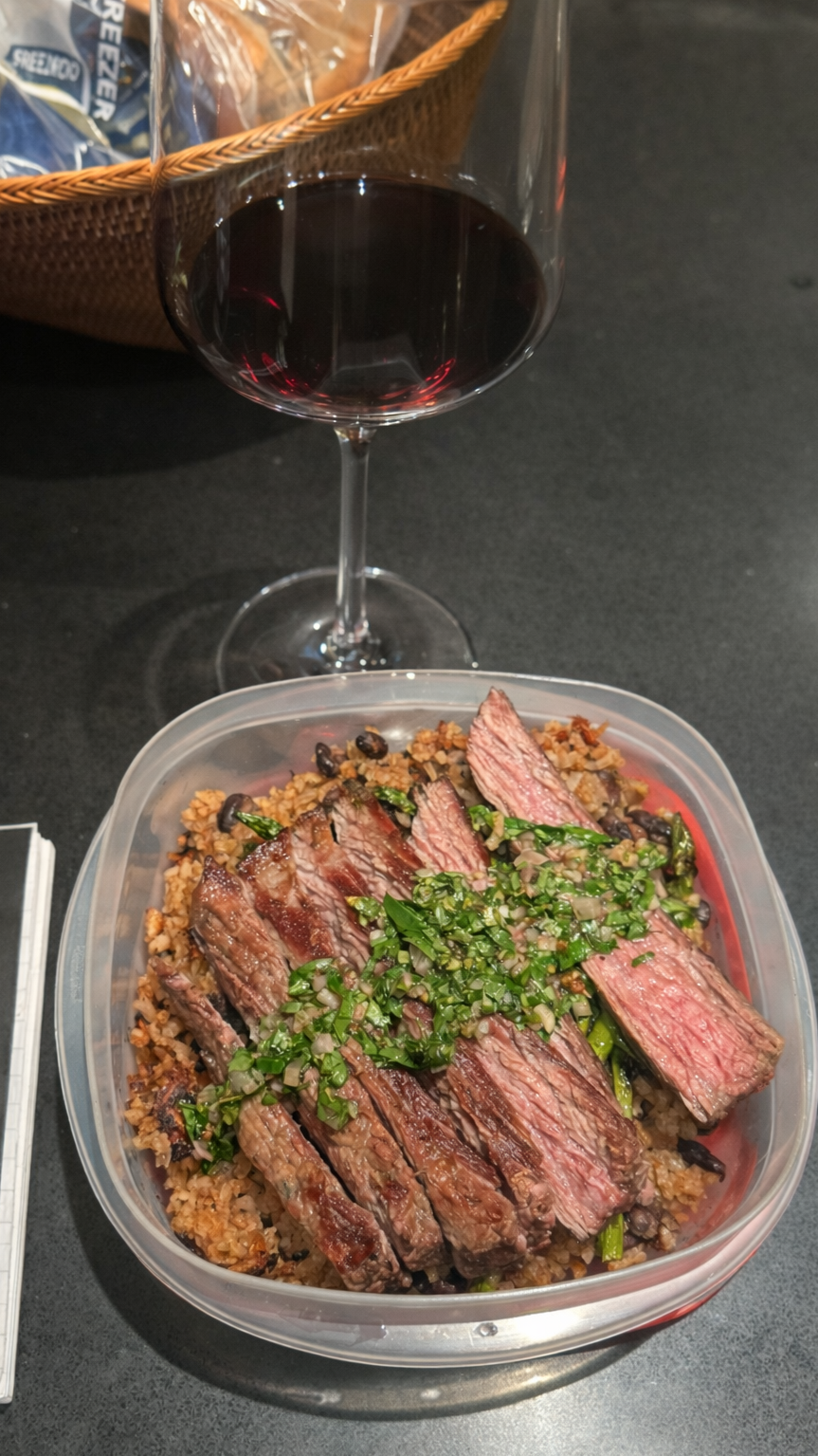 Steak and Rice Lunch with Wine