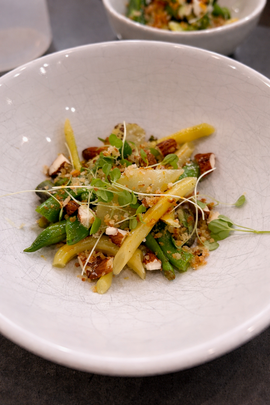 Green Beans with Caramelized Almonds and Yuzu-Kosho Vinaigrette